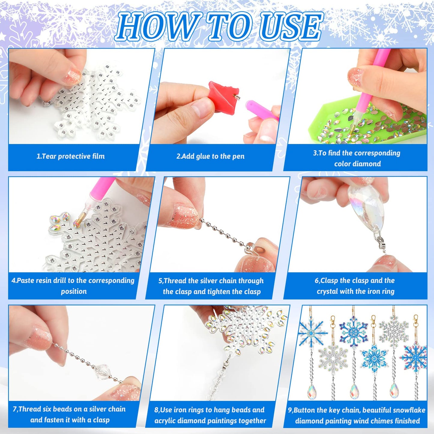 Perthlin 6 Pcs Christmas Snowflake Diamond Art Kits Double Sided Winter Diamond Wind Chimes Art for Window Christmas Tree Decoration Snowflake Suncatchers for DIY Crafts Wonderland Decoration