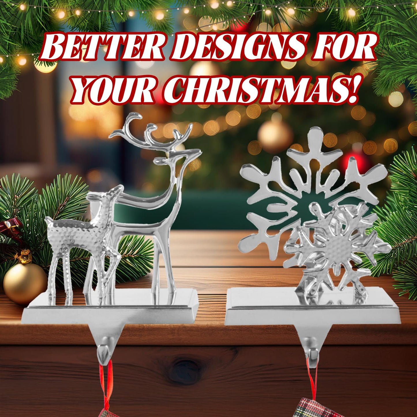 Christmas Stocking Holders for Mantel Set of 4, Stocking Hangers Reindeer Snowman Christmas Tree Snowflake Metal for Fireplace Mantel Holiday Christmas Decorations Stocking Hanger Hook - Silver