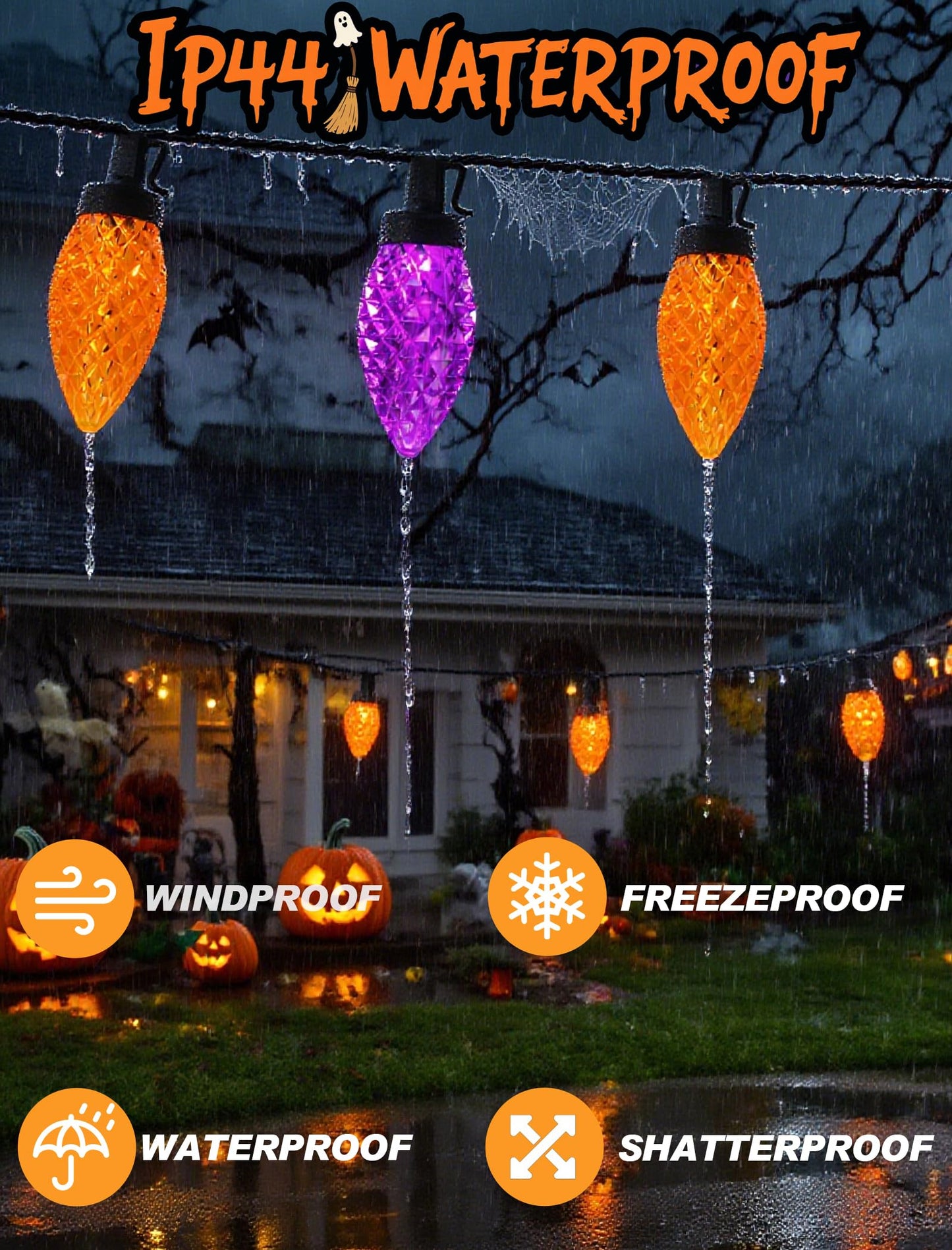 Halloween C9 String Lights Outdoor, 26.4Ft C9 Halloween Decorations Lights with 50 LED Orange and Purple Lights Waterproof, Hanging Plug in Lights String for Outside Holiday Party Patio Yard Decor
