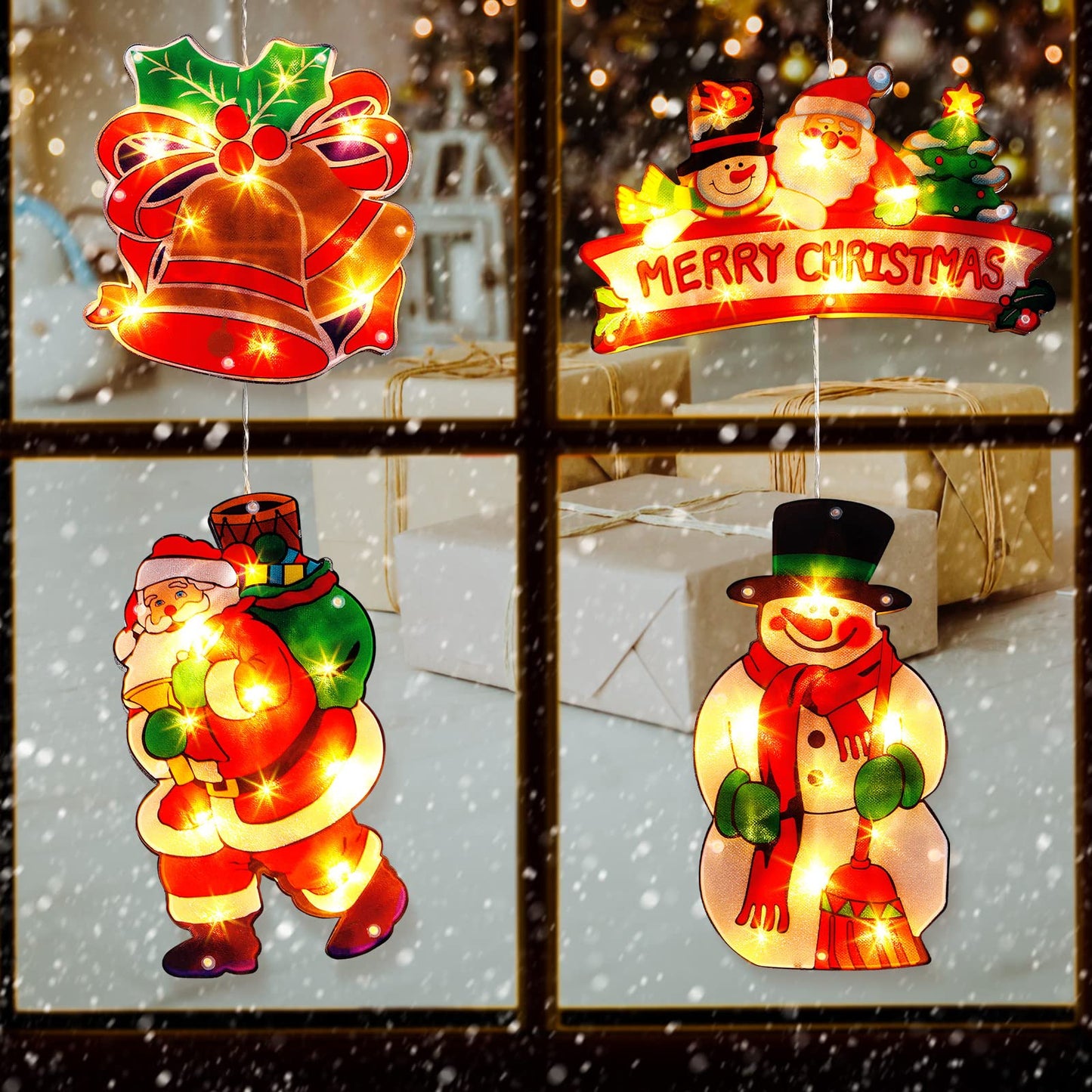 4 Pieces Christmas Window Decorations - Light up Christmas Decorations with Suction Cup for Holiday Outdoor Indoor Decor