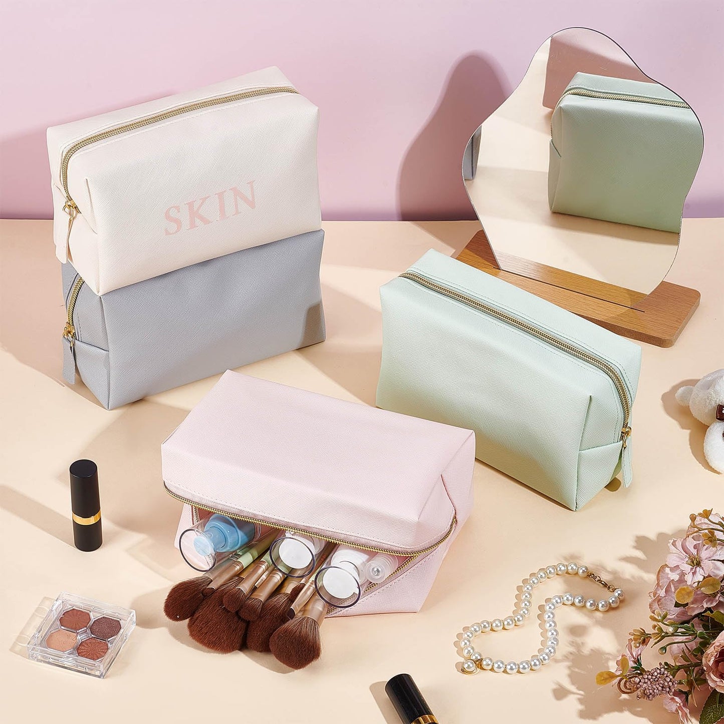 INTERWARM 12Pcs 4 Color Makeup Bag PU Leather Cosmetic Pouch, Bridesmaid Makeup Bags Bulk Zipper Cosmetic Pouch Waterproof Small Portable Toiletry Bag for Women Travel Wedding Party Favors
