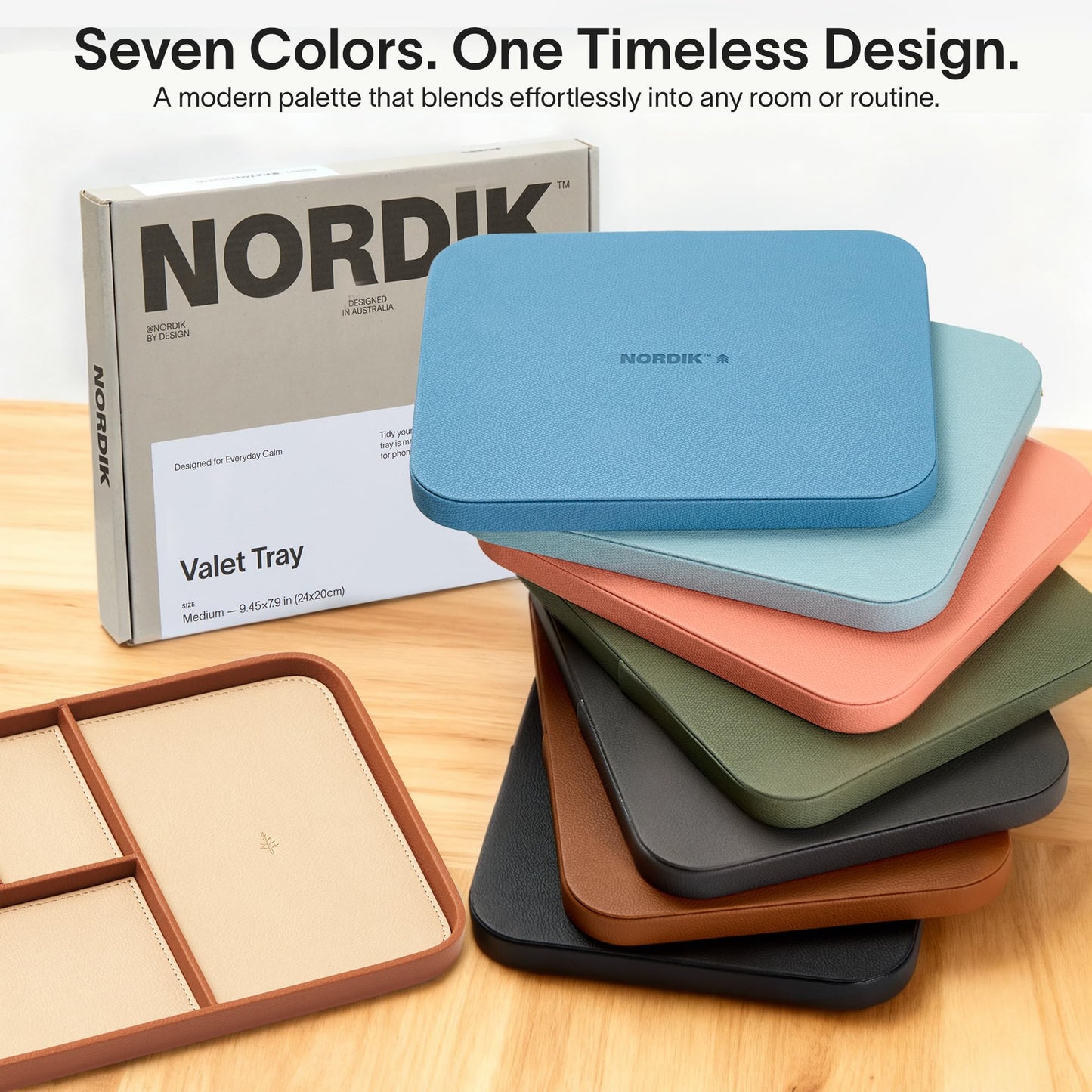 Nordik Leather Valet Tray - Sand Brown - 9.5 x 7.9 Inch Medium Vegan Leather Tray - Stylish Nightstand Organizer for Men - Modern Bedside Caddy - EDC Catchall for Key Watch Wallet Jewellery