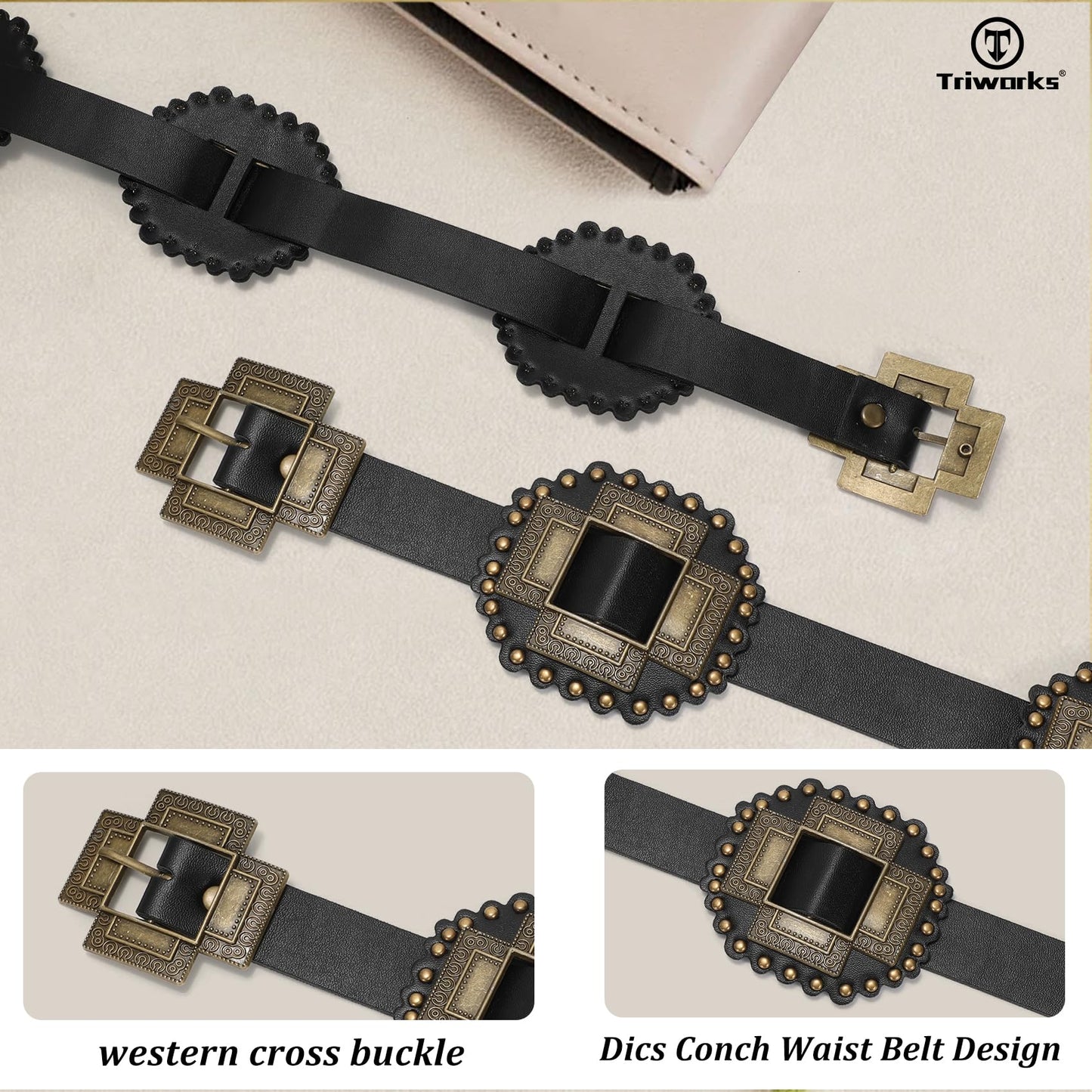 TRIWORKS Women Western Concho Leather Belt Cowgirl Boho Belt Chunky for Dresses Concert Festival