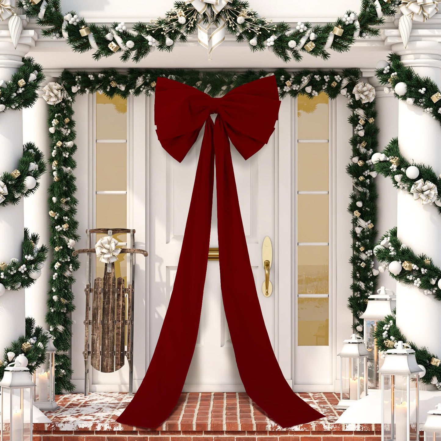 Knitgrip 1 Pack Extra Large Christmas Front Door Bow Decorations 27 x 78 Inch Burgundy Giant Velvet Christmas Tree Topper Bow with Long Streamers Wreath Wall Decor for Home Xmas Room Holiday Porch