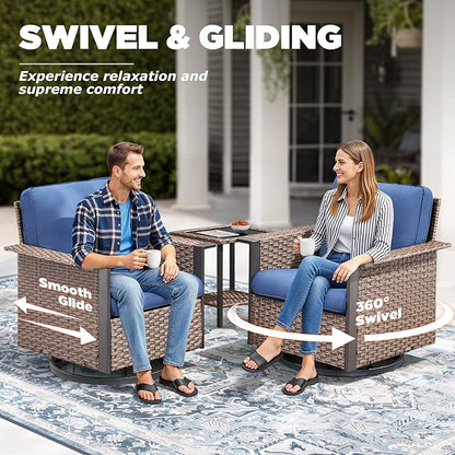 Wicker Patio Furniture Set Swivel Chairs-6 Pieces All-Weather Outdoor Patio Conversation Set with Rattan 3 Seater Sofa, Wicker Outdoor Furniture for Garden Porch Deck Backyard Brown/Blue