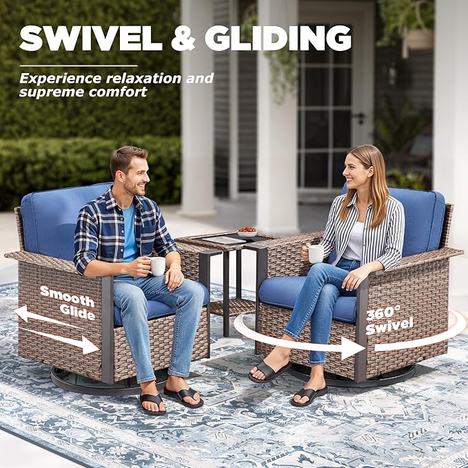 Outdoor Patio Furniture Set-7 Pieces All-Weather Wicker 3 Seater Sofa with Swivel Rocker Patio Chairs Set of 4, Wicker Sofa Outdoor Conversation Sets for Porch Deck Backyard Brown/Blue