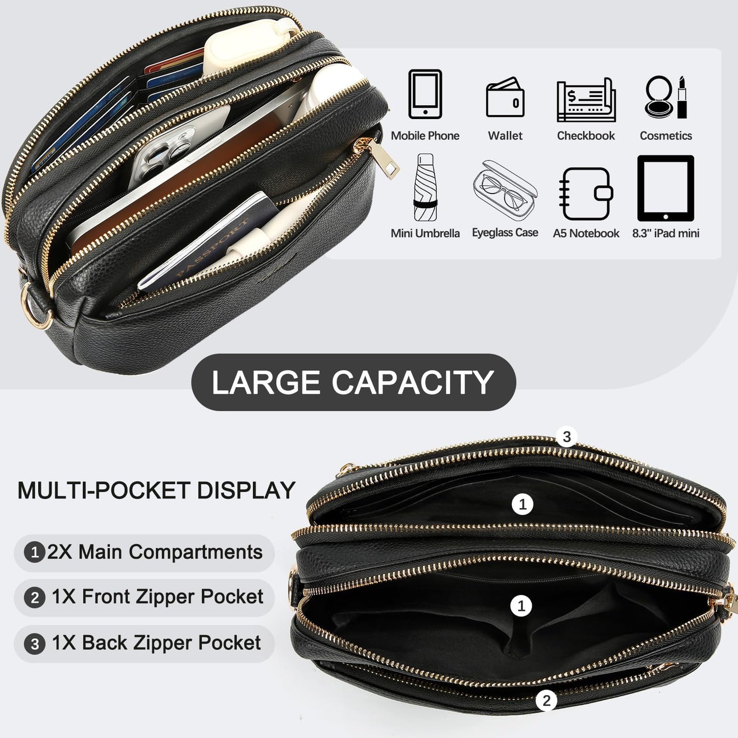 HILAEX Crossbody Bag for Women Leather Purse Anti Theft Multi Pockets Wide Adjustable Strap Shoulder Handbag RFID Blocking Black