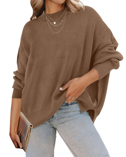 ZESICA Women's Fall 2025 Casual Long Sleeve Crew Neck Side Slit Oversized Ribbed Knit Pullover Sweater Tops