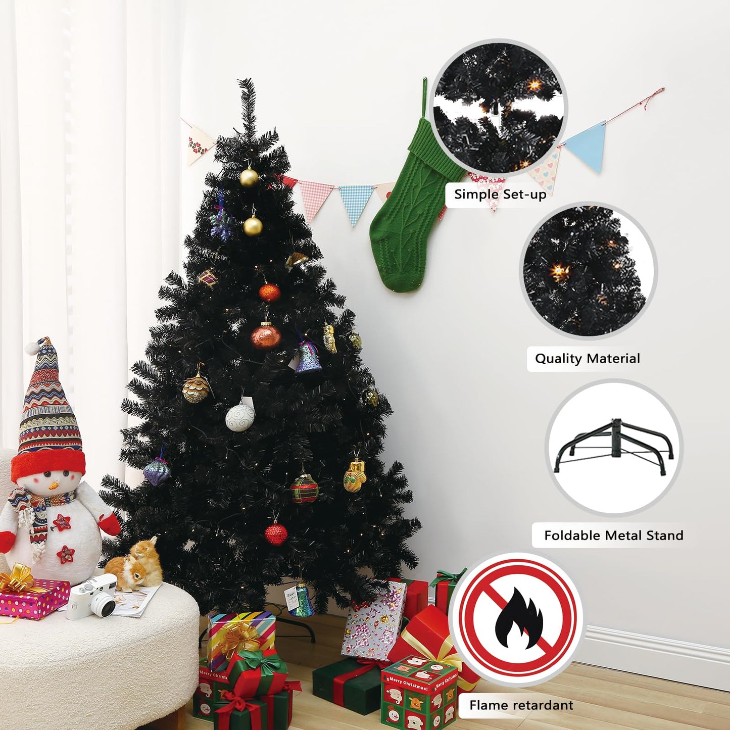 6Ft Artificial Christmas Tree with Metal Stand for Holiday Festival Parties Home Office Decor, 8 Modes 200 LED Warm White Lights Included