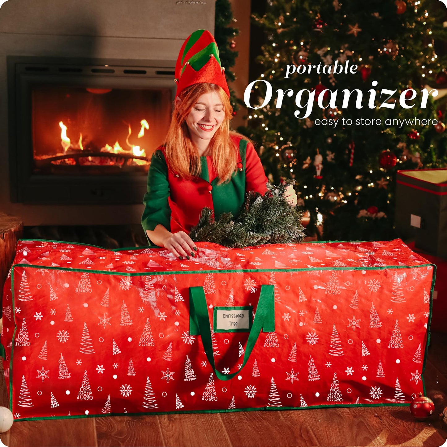 Christmas Tree Storage Bag - Stores 9 Foot Artificial Xmas Holiday Tree, Durable Waterproof Material, Zippered Bag, Carry Handles - Protects Against Dust, Insects and Moisture (Red Printed)