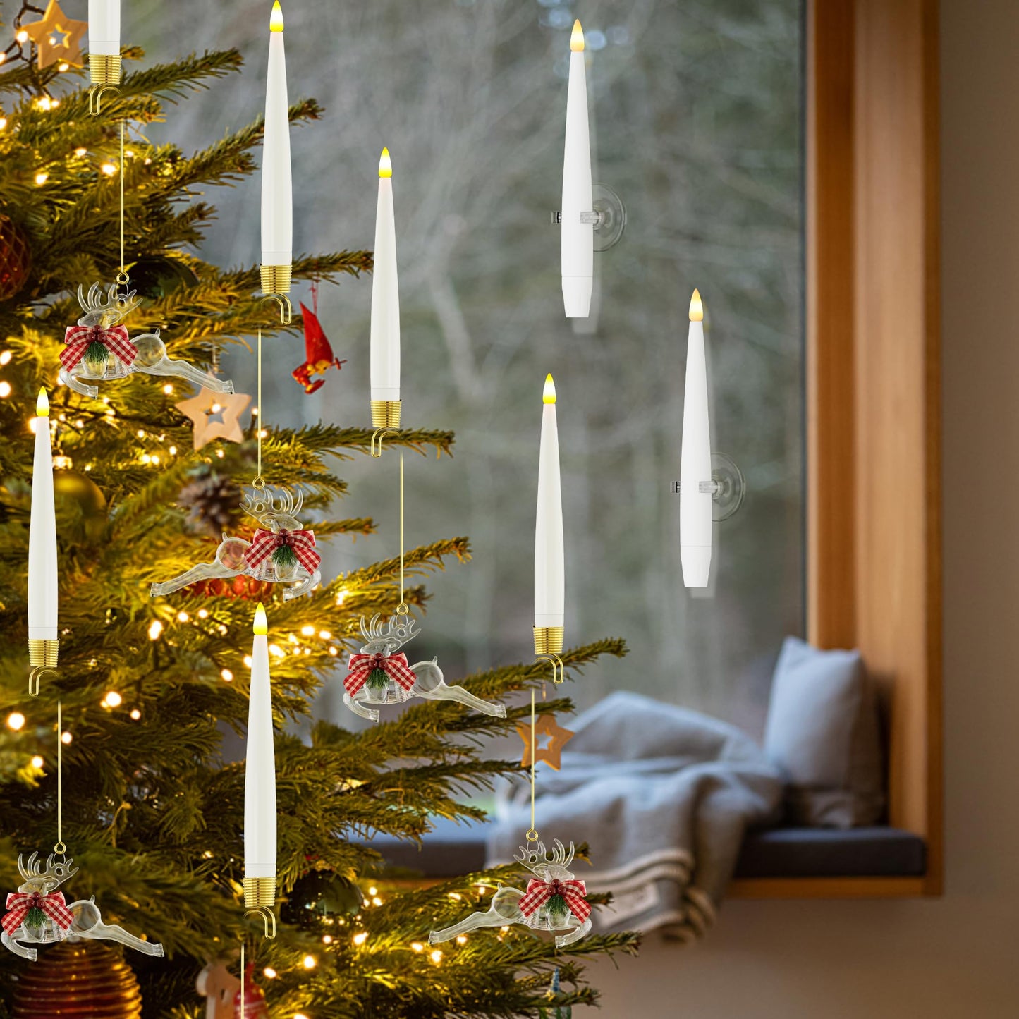 JOIONE Flameless Christmas Tree Candles with Remote, 6 Pack Battery Operated LED Candles with Suction Cup for Christmas Tree, Flickering Flame for Xmas Indoor Decor - Deer
