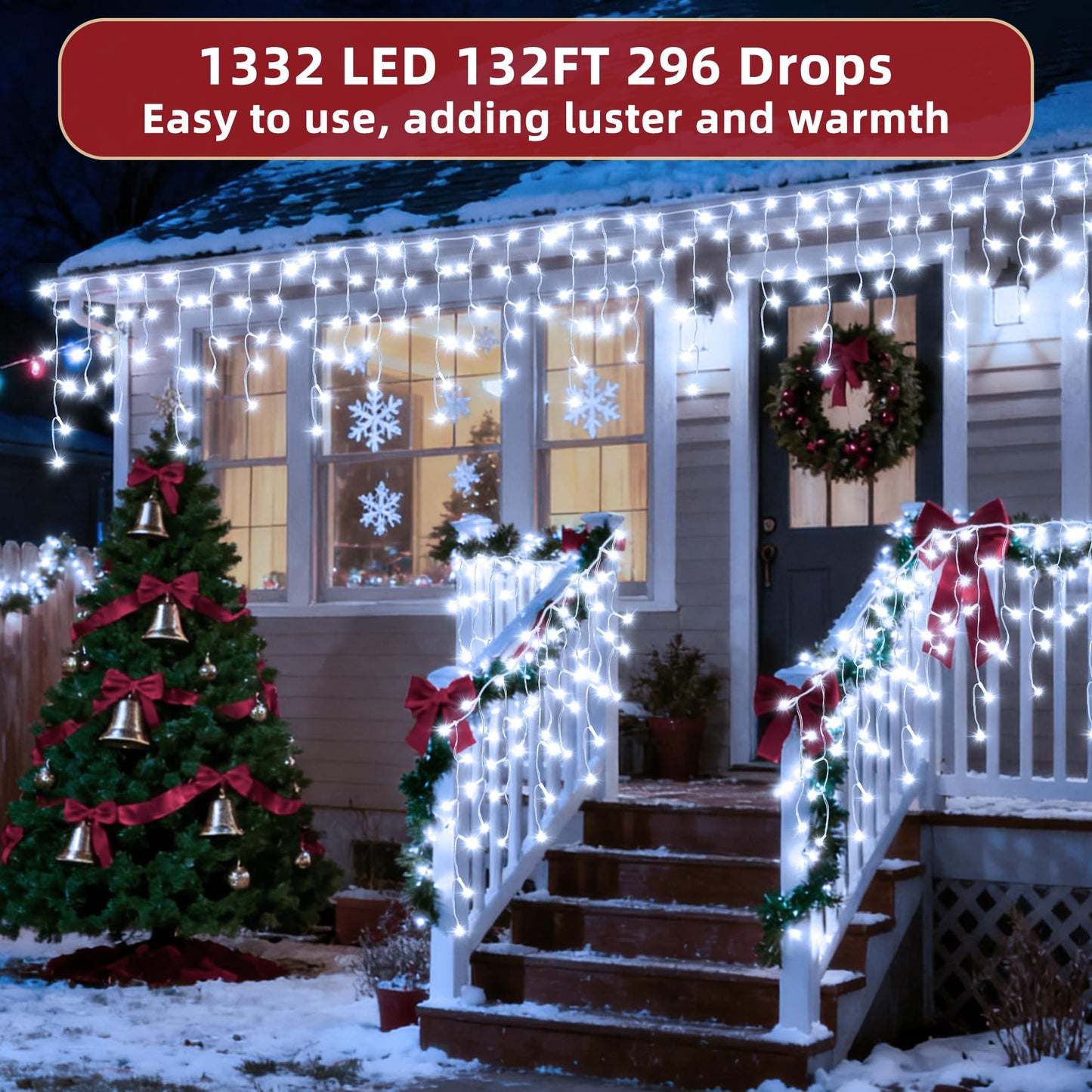 1332 LED 132ft Christmas Lights with 296 Drops, 12 Lighting Modes Cool White Christmas Decoration Twinkling Lights Dimmable, Timer Outdoor Waterproof Fairy Lights for Indoor Garden House Eaves Roof