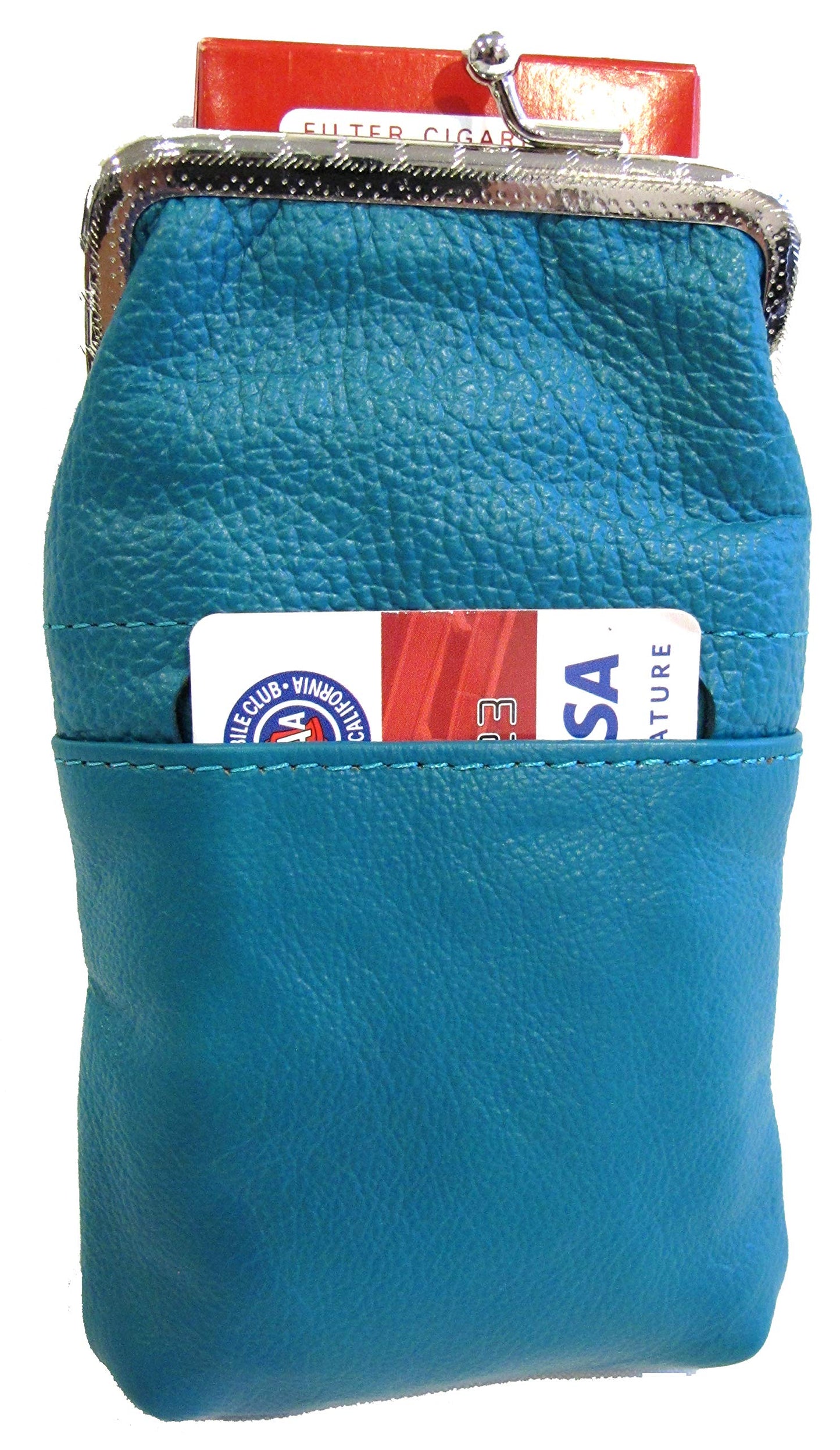Women 100% Pure Leather Cigarette Case Lighter Match Pocket Zipper Coin Pouch -Teal