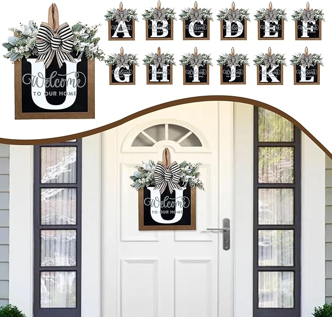 Ultra Large 14'' Last Name All Year Round Front Door Wreath with 26 Initial Letter Welcome Sign All Seasons Eucalyptus Garland and Bow Wreaths for Front Door Porch Farmhouse Decoration (U)
