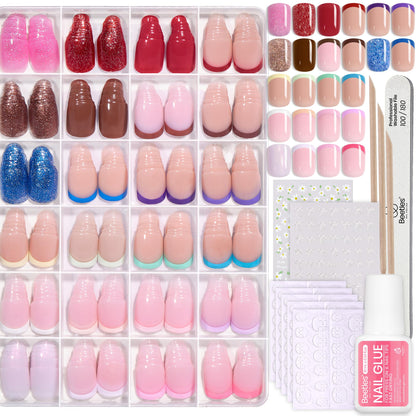 Beetles Press on Nails Kit 720Pcs 24 Colors, Press on Nails Short Almond Glossy Matte Glitter With Nail Glue & Nail Tabs Stickers, Natural Fit Lightweight Fake Nails Kit Art For Women Girls