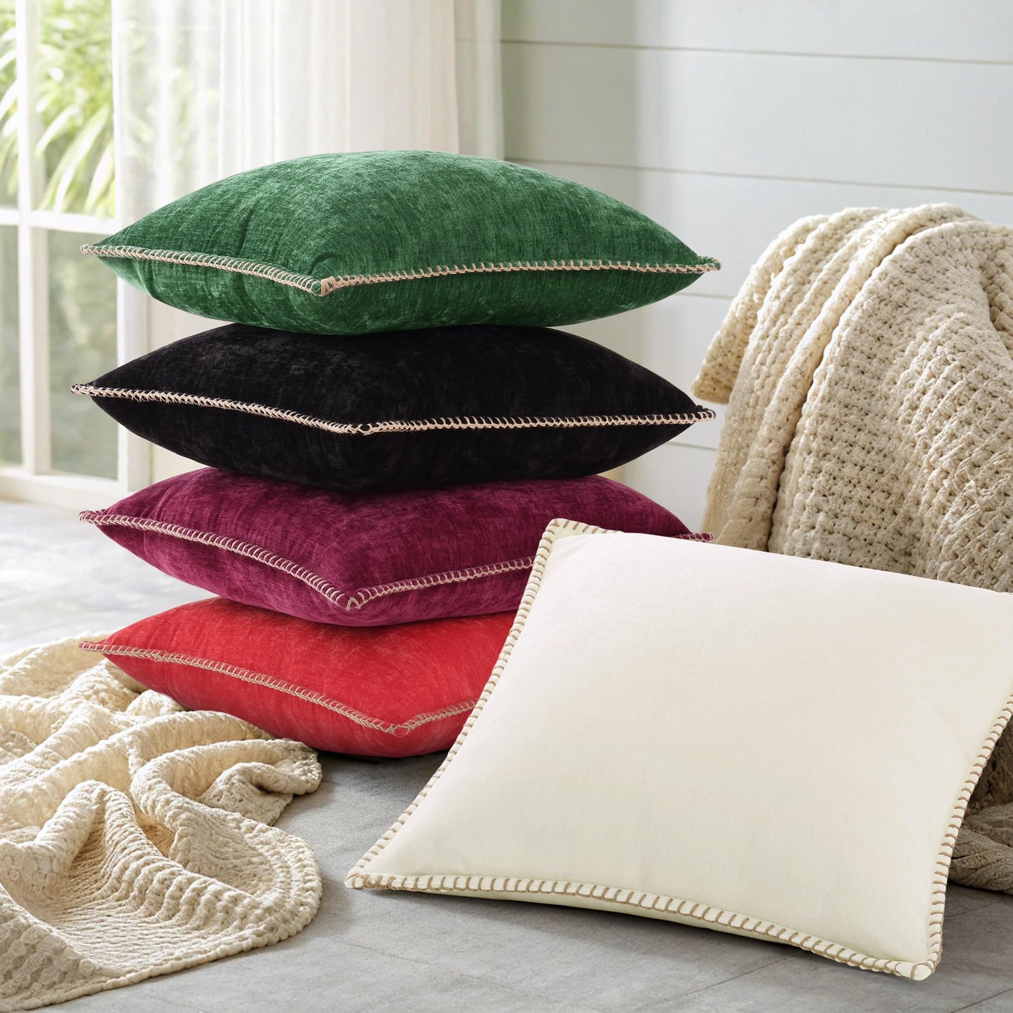 decorUhome Fall Chenille Soft Cozy Throw Pillow Covers 20x20 Set of 2, Modern Farmhouse Boho Velvet Decorative Pillow Cases with Stitched Edge for Couch Sofa Bed Home Decor, Rhododendron