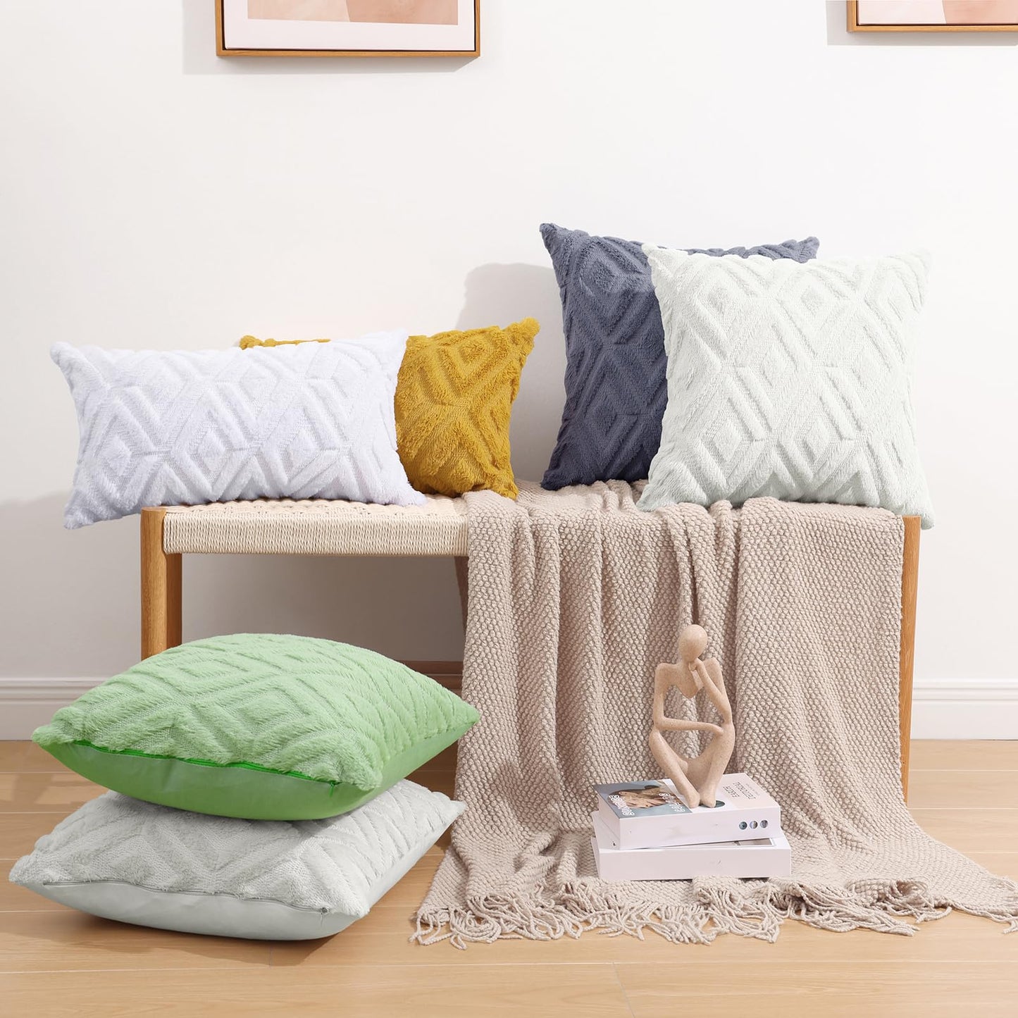 Pallene Christmas Cream White Throw Pillow Covers 26x26 Set of 2, Soft Plush Faux Fur Decorative Couch Pillow Covers for Sofa Bed Living Room Pillow Cases with 3D Diamond Pattern