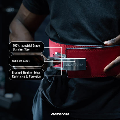 Katamu Red USPA & IPL Approved Lever Belt — Premium 10mm and 13mm Leather Powerlifting Belt for Men and Women, Steel Lever Buckle, 4 Inch Back Support for Deadlifts