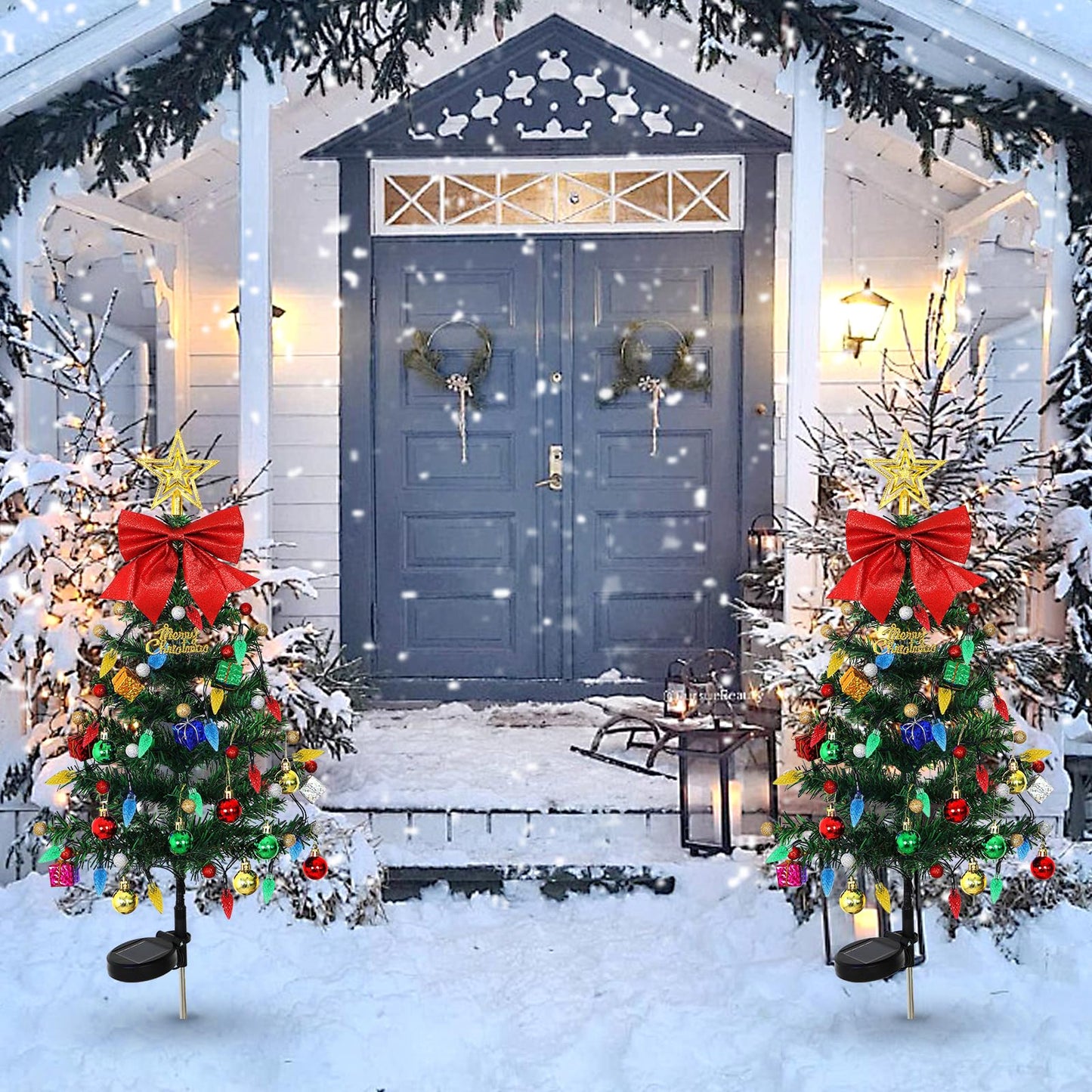 LOMOHOO 2 Packs Solar Christmas Tree 35.8in Outdoor Prelit Lighted Christmas Tree 2 Flashing Modes Solar Xmas Trees with 40 LED Lights for Holiday Porch Yard Garden Patio Cemetery Pathway
