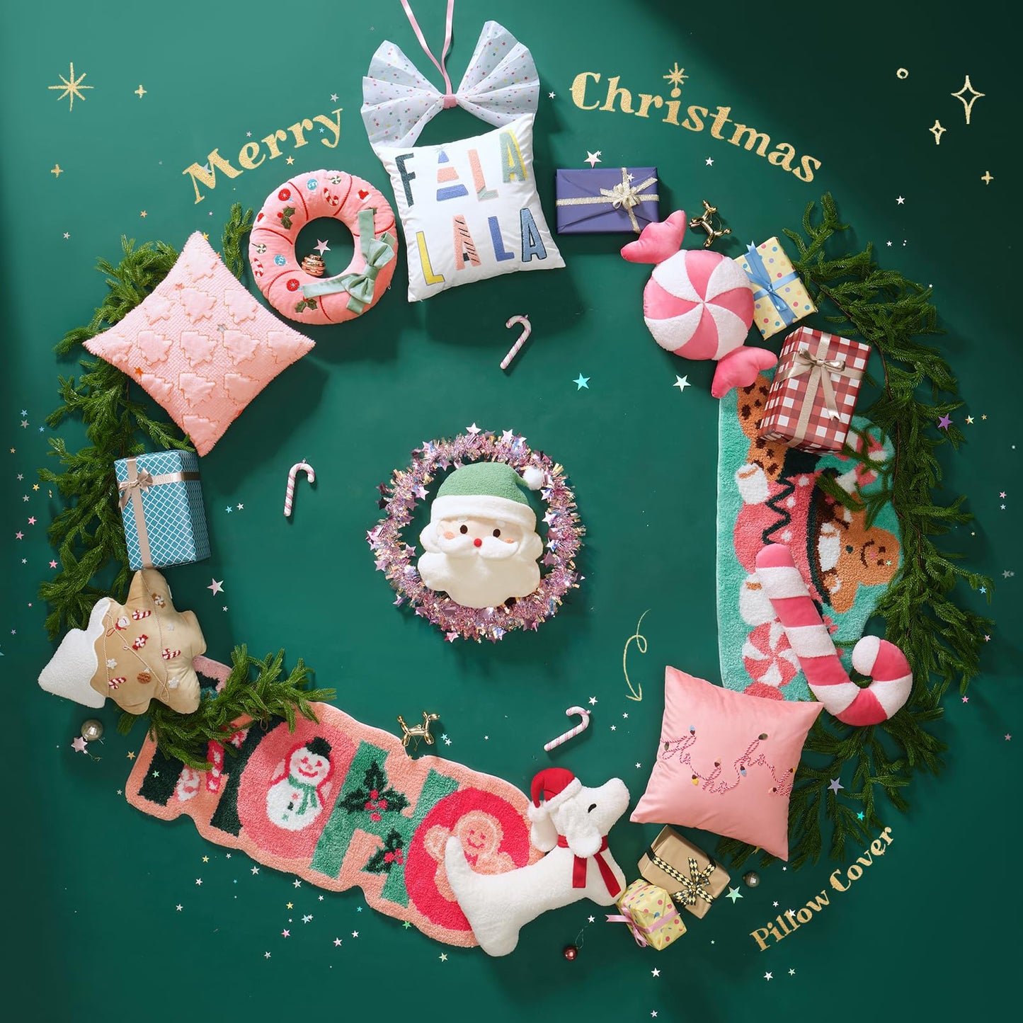 Ashler Merry Christmas Throw Pillow Covers, Letter Embroidery Pillow Covers, Velvet Holiday Decorative Pillowcase with 3D Light String, Set of 2, Pink, 18 x 18 Inch