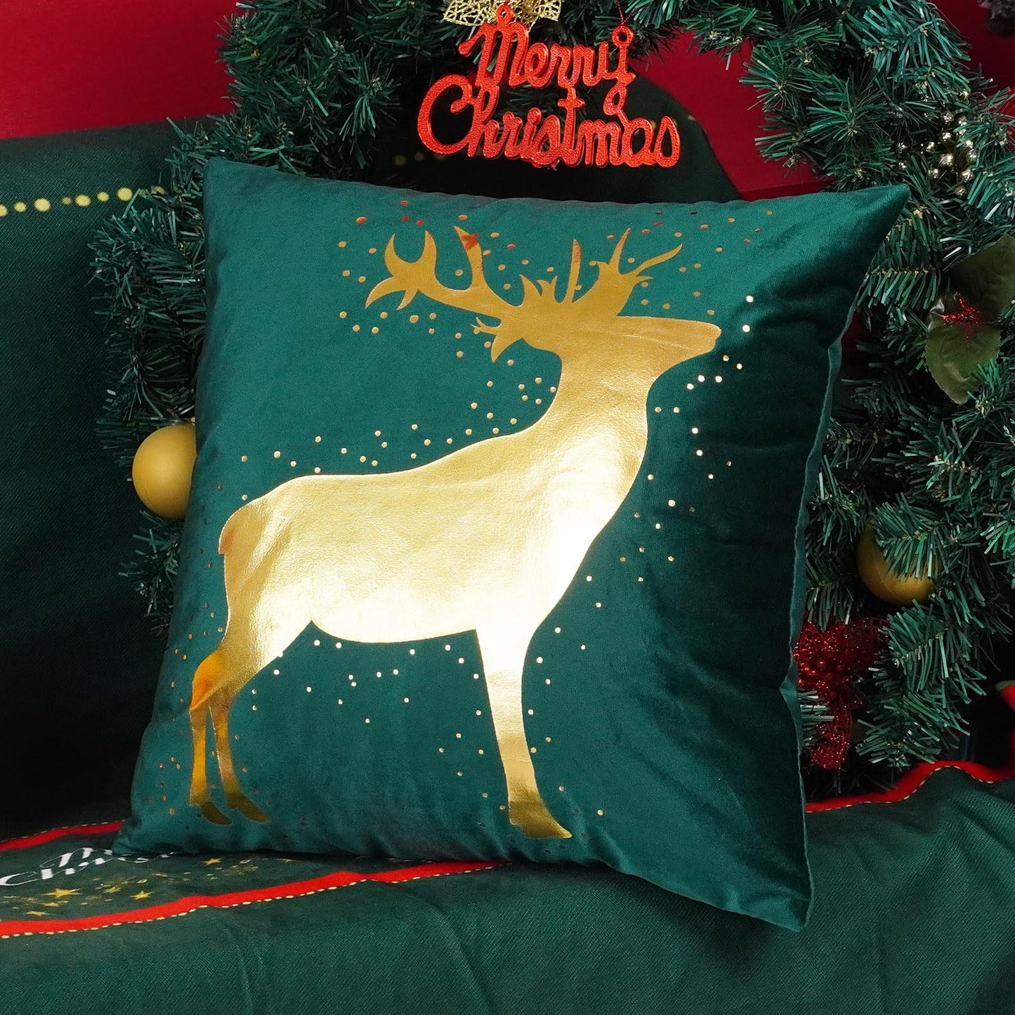 ONWAY Green Christmas Decorations Gold Throw Pillow Covers 20x20 Set of 4 Snowflakes Reindeer Decorative Cushion Cases Xmas Golden Decor for Couch Sofa Bedroom