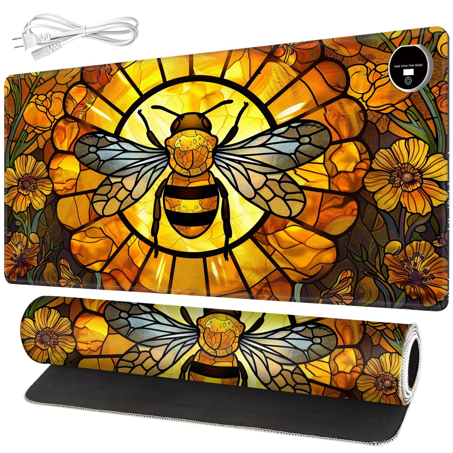 BREIDMKFM Warm Desk Pad,Heated Desk Pad Mouse Mat Gaming,with 3 Heating Levels & 3 Hours Auto Shut-Off,Leather 31.5" x 13" Foot Warmer Keyboard Office Mat,Cute Bee Floral