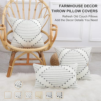 Mecatny Boho Outdoor Throw Pillow Covers 18X18 Set of 2, Farmhouse Decorative Pillow Covers for Couch Sofa Living Room, Grey & Cream White