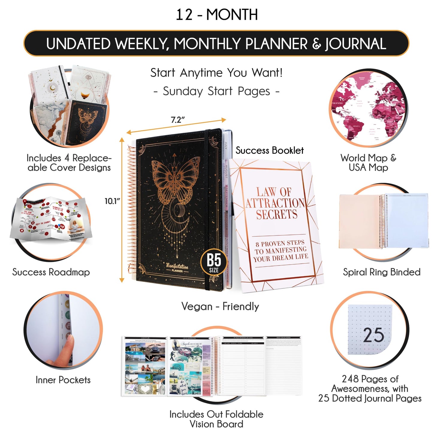 Manifestation Journal – Hourly, Weekly & Monthly Planner | 12-Month to Increase Productivity, Life Organizer & Goal Planner | Spiral Journal, Habit Tracker, Foldable Vision Board, Gift Box & Stickers