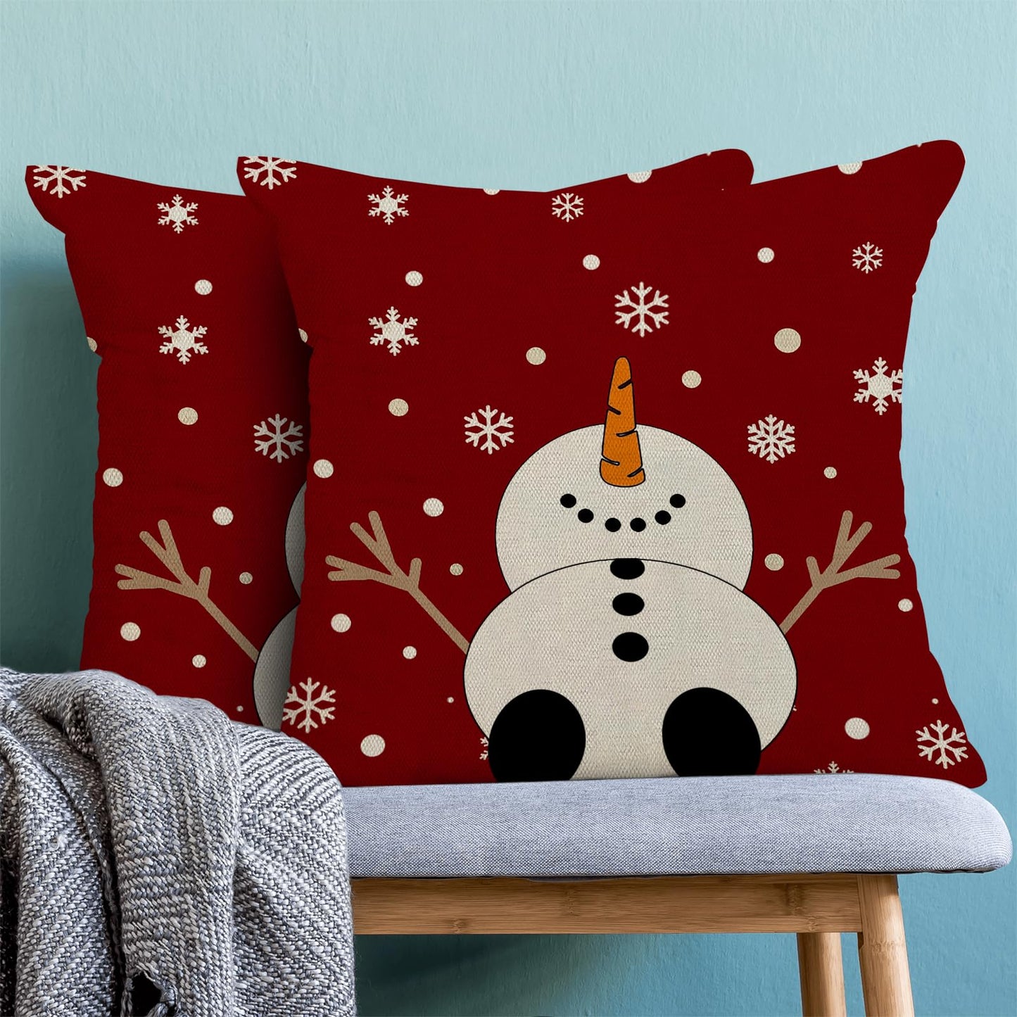 Christmas Pillow Covers 18x18,Red Snowman Outdoor Decorative Throw Pillows for Couch,Winter Snowflakes Xmas Decor Cushion Cover 2 Pcs Farmhouse Pillowcase for Bed Safa