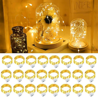 pozzolanas 24 Pack Warm White Fairy Lights Battery Operated 3 Modes 7FT 20 LED Waterproof String Lights Twinkle Silver Wire for Mason Jars Wedding Christmas Halloween Party Decor (24, Warm White)