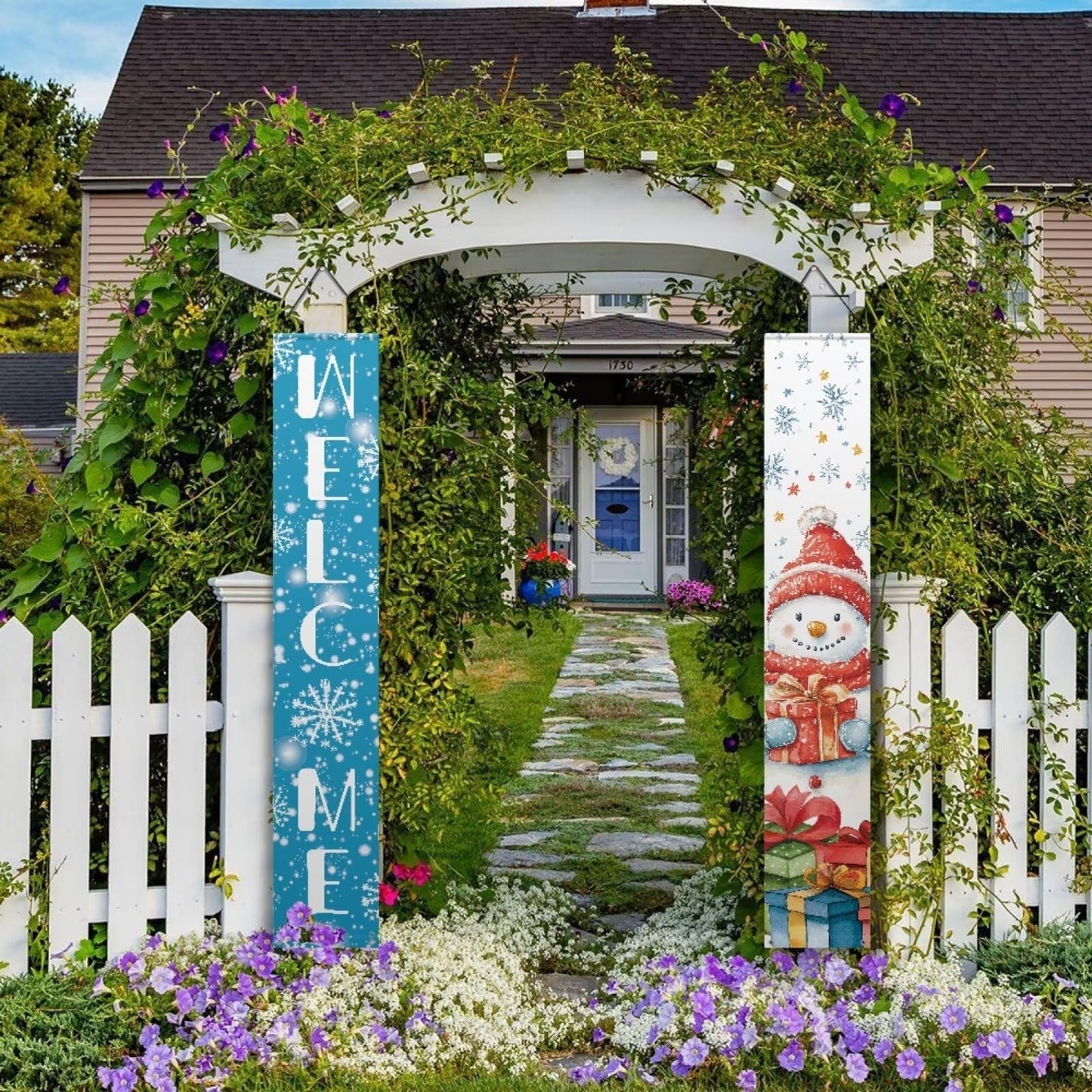 Binienty Welcome Hanging Banner Merry Christmas Porch Banner Sign for Front Door Garden Snowman Xmas Porch Banner Flag Party Supplies