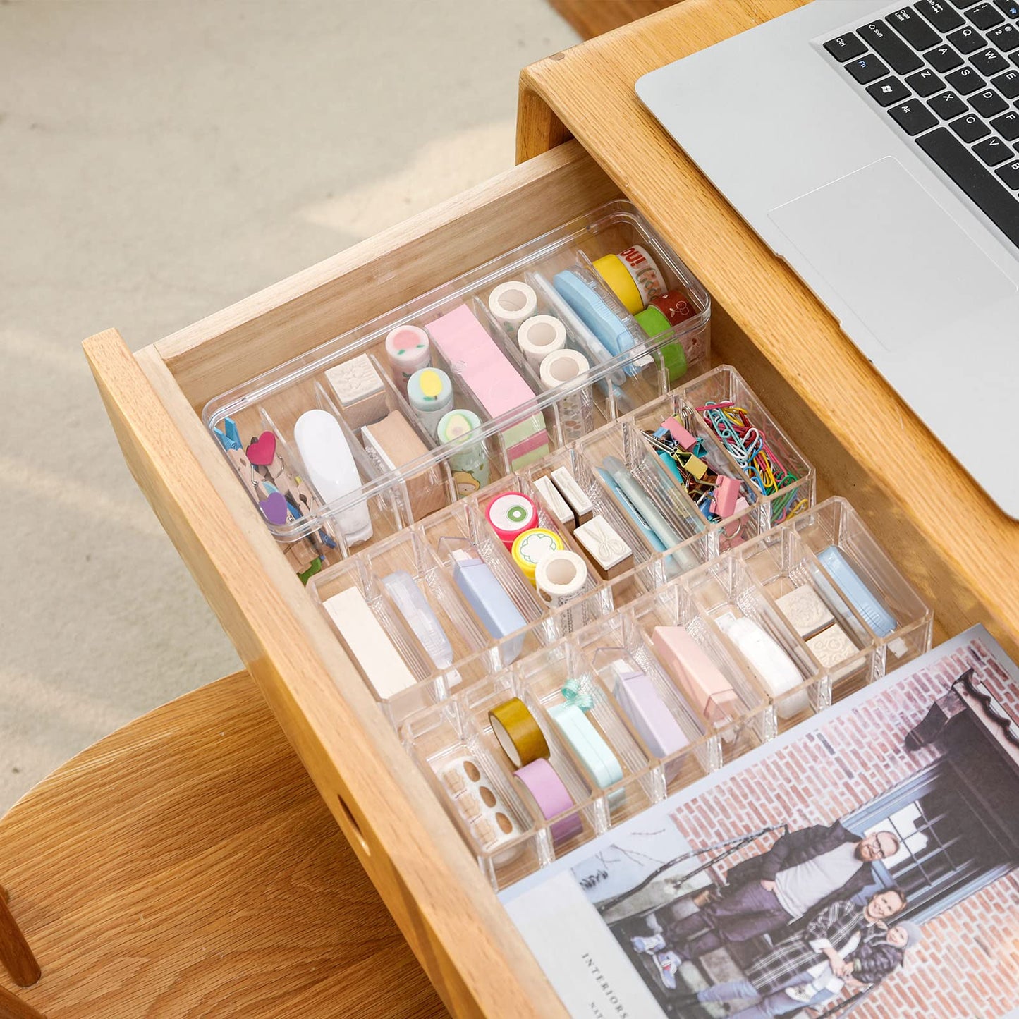 Yesesion 2pcs Clear Plastic Cable Organizer Boxes with Adjustment Compartments, Desk Accessories Storage Case with Lid and 20 Wire Ties for Drawer, Office Supply, Electronic Management