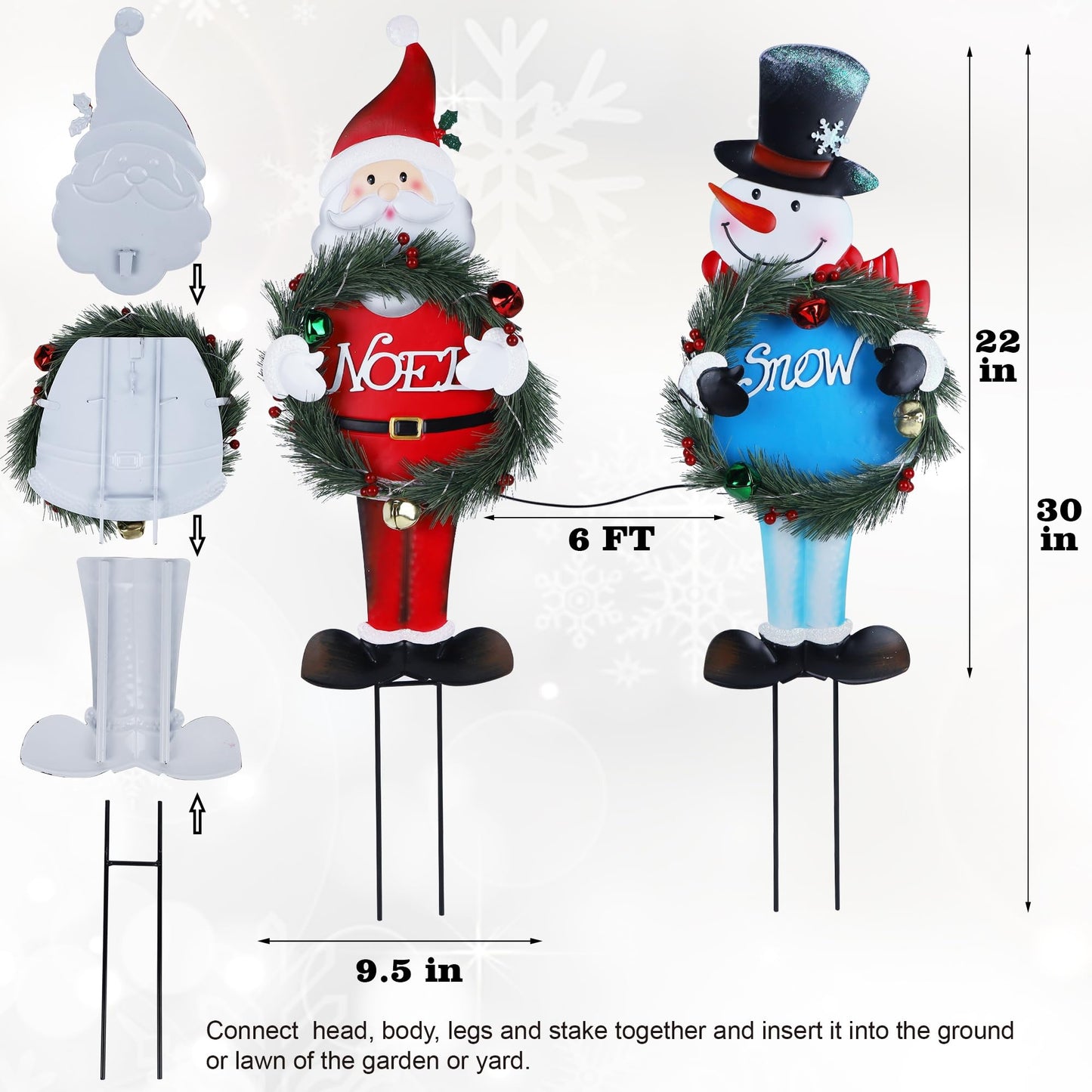 Stentec Lighted Christmas Decorations Outdoor, 2 Pack 30" Height Santa & Snowman Xmas Yard Signs Metal Garden Stakes with LED Lights, Battery Powered for Holiday New Year Winter Walkway Patio Lawn
