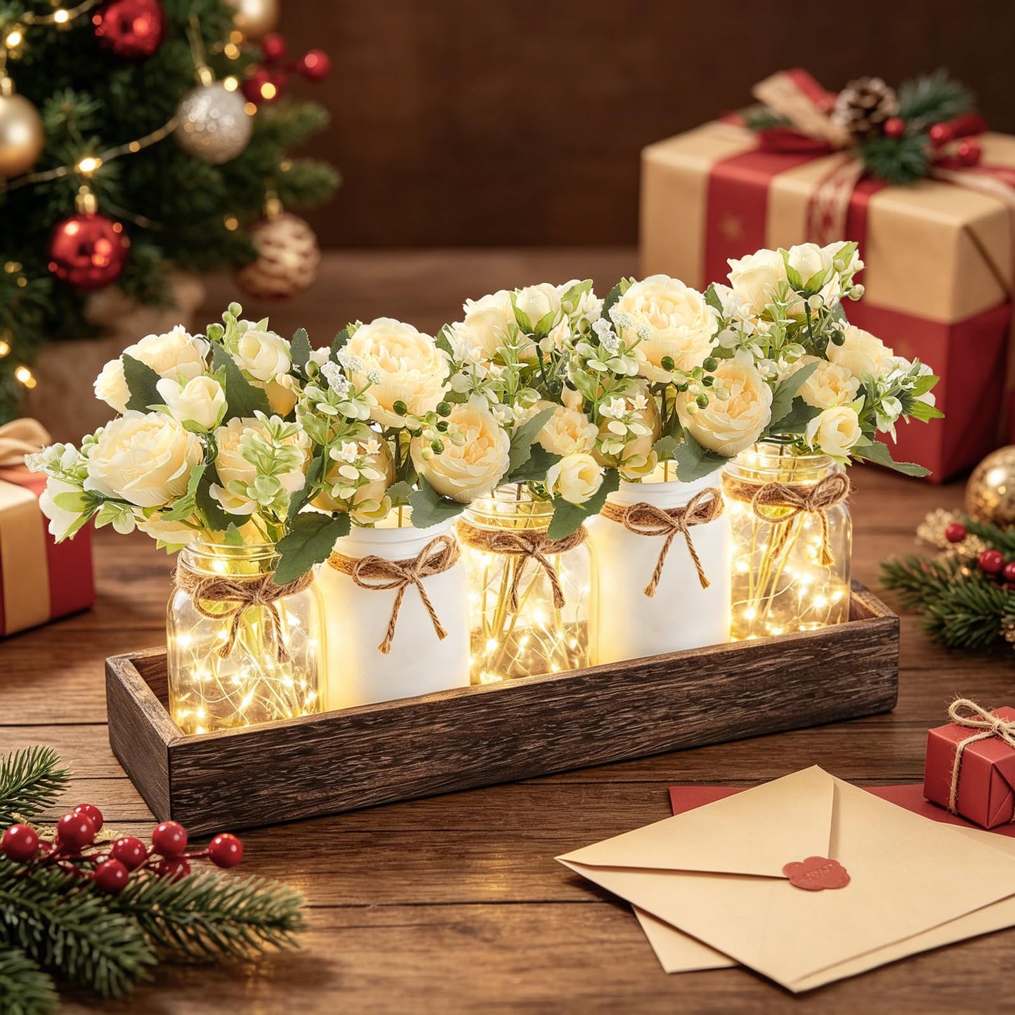 Mkono Mason Jar Lights Centerpiece Table Decor for Dining Room Farmhouse Wood Tray with Flowers Valentines Day Decoration for Coffee Table Kitchen Living Room Wedding