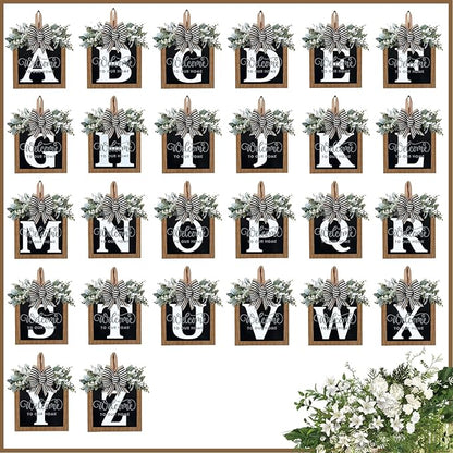 Ultra Large 14'' Last Name All Year Round Front Door Wreath with 26 Initial Letter Welcome Sign All Seasons Eucalyptus Garland and Bow Wreaths for Front Door Porch Farmhouse Decoration (U)