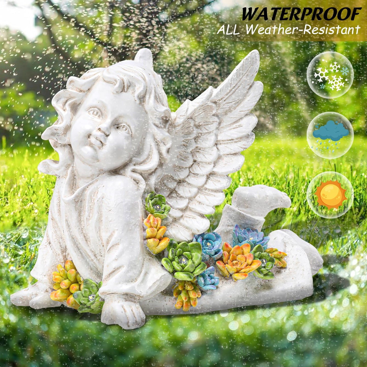 Solar Cherub Angel Outdoor Garden Decor Statues - 7 inches Baby Angel Figurines Outdoor Sculptures with Succulent, Garden Statues for Outside, Patio, Balcony, Lawn Ornaments or Housewarming Gift