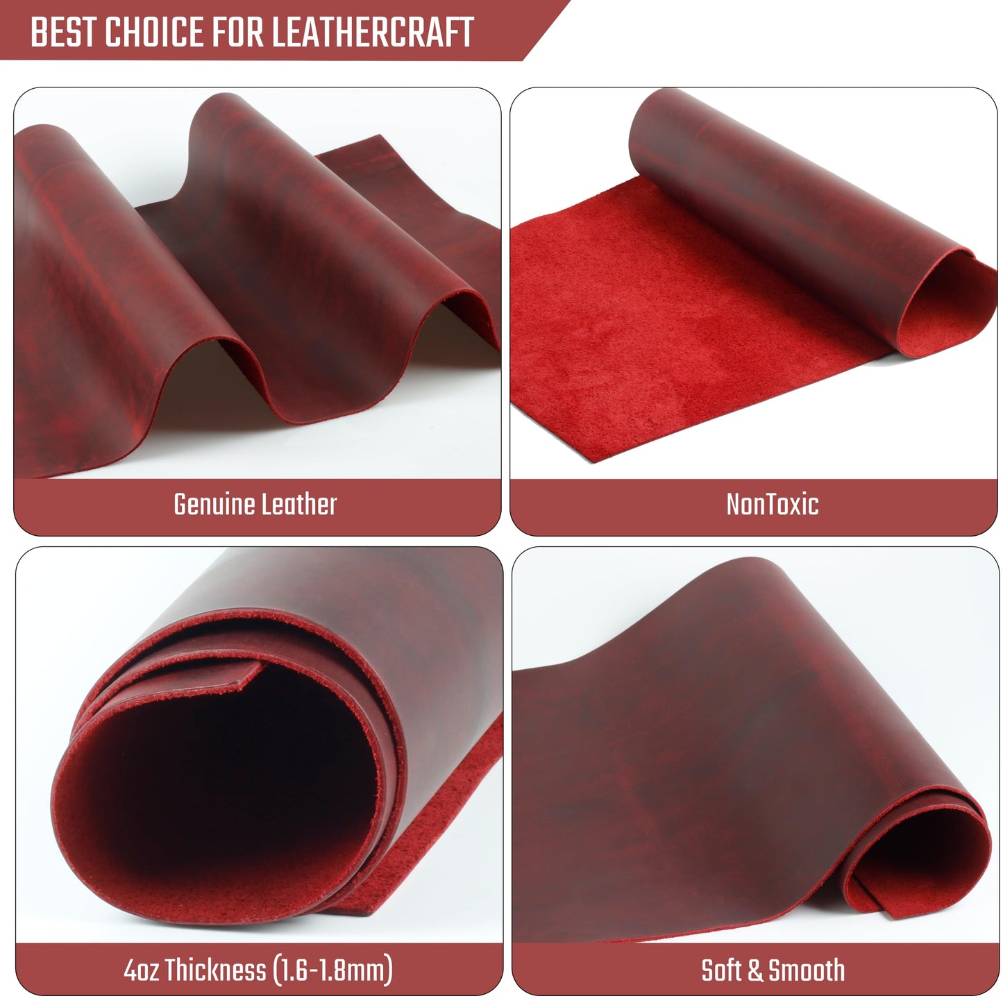 Real Leather Tooling Sheets - for Crafting Tools, Leather Wallets, Leather Materials - Thick Crazy Horse Leather Sheets - Not Faux Leather Sheets (Red, 12"x12")