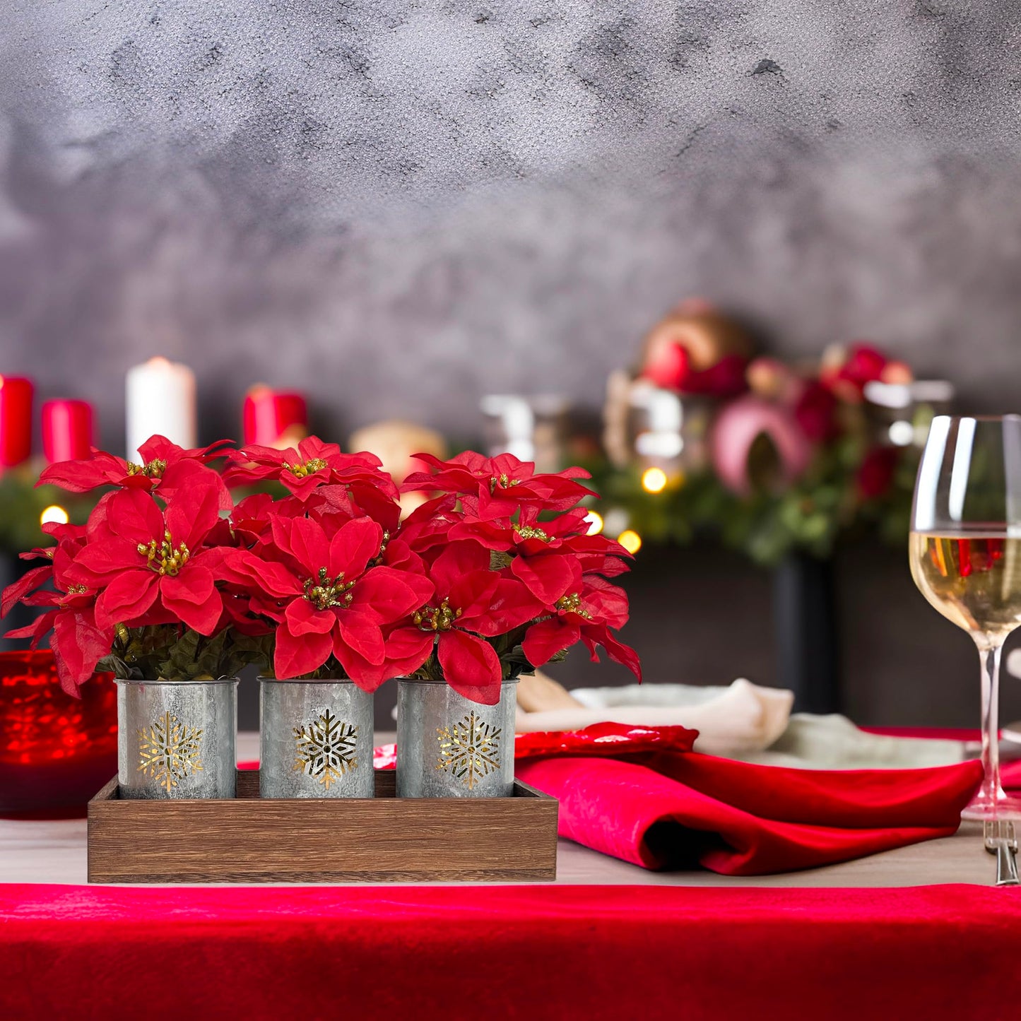 CANCLEAR Artificial Christmas Flower Arrangement, 3pcs Poinsettias in Galvanized Pots with Wood Tray and LED String Lights, Perfect Tabletop Centerpiece for Holiday Decor