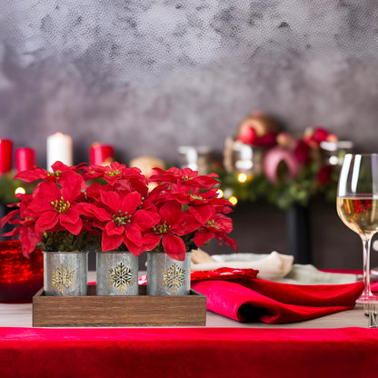 CANCLEAR Artificial Christmas Flower Arrangement, 3pcs Poinsettias in Galvanized Pots with Wood Tray and LED String Lights, Perfect Tabletop Centerpiece for Holiday Decor