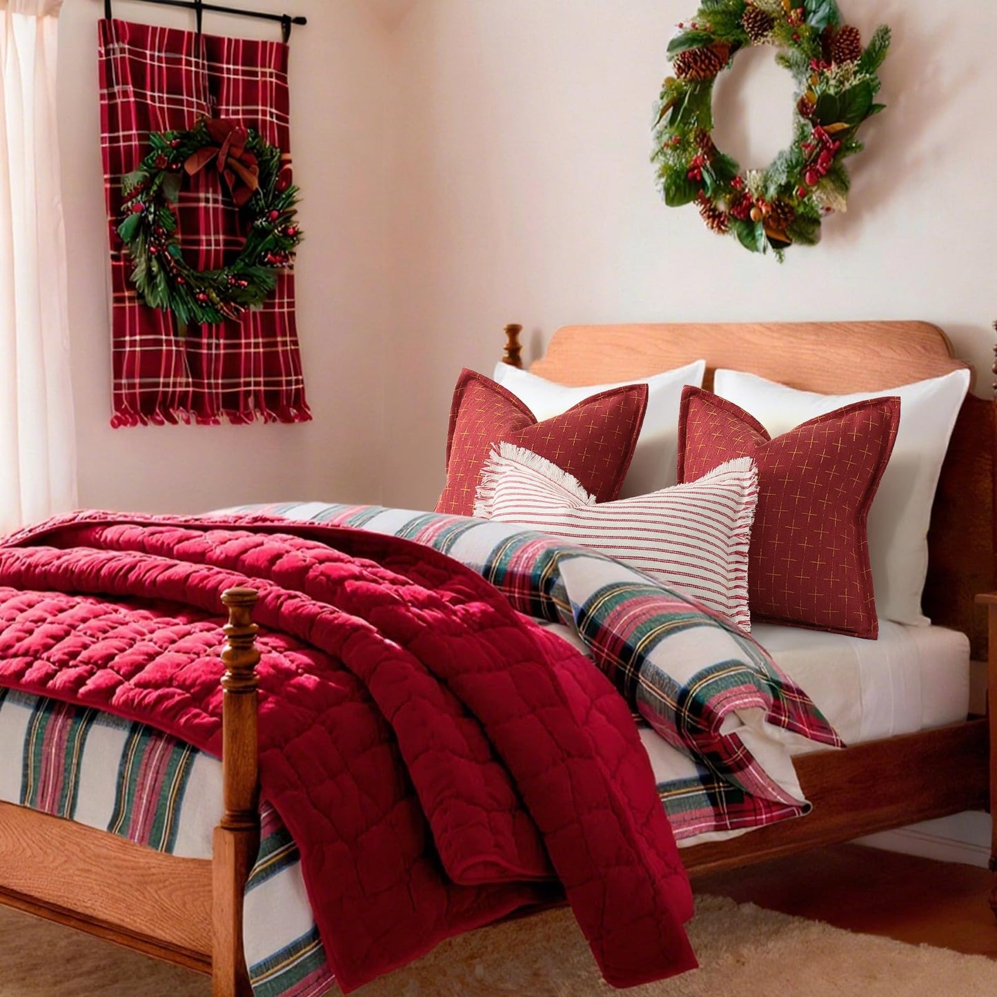 ZWJD Christmas Pillow Covers 24x24 Set of 2 Soft Polyester Textured Red Pillows with Stylish Flange Edge Cozy Farmhouse Christmas Decor for Couch Bed Sofa Living Room (Red)