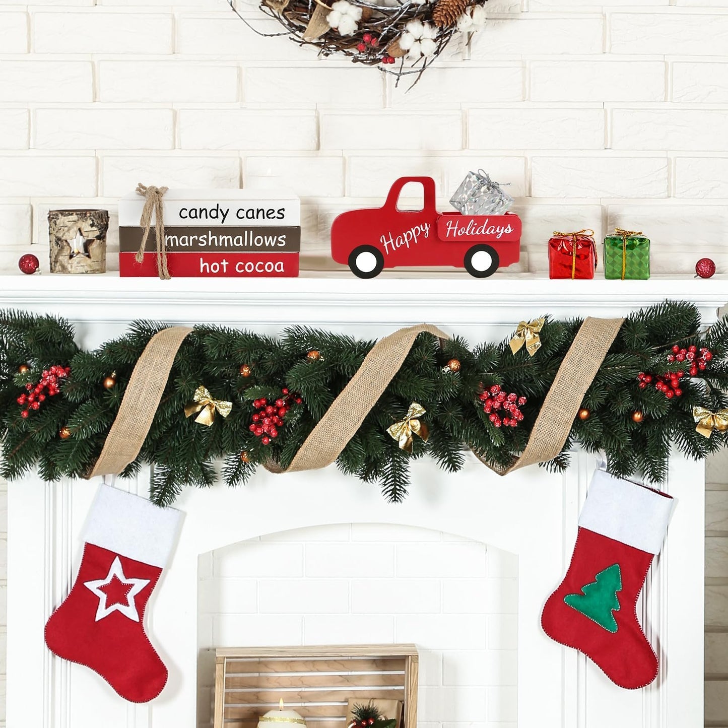 Christmas Decoration 7PCS Table Centerpieces, Tabletop Christmas Tiered Tray Shelf Mantel Fireplace Coffee Bar Office Desk Decor Farmhouse Xmas Wood Faux Book Sign and Gift Boxes Holiday Decoration