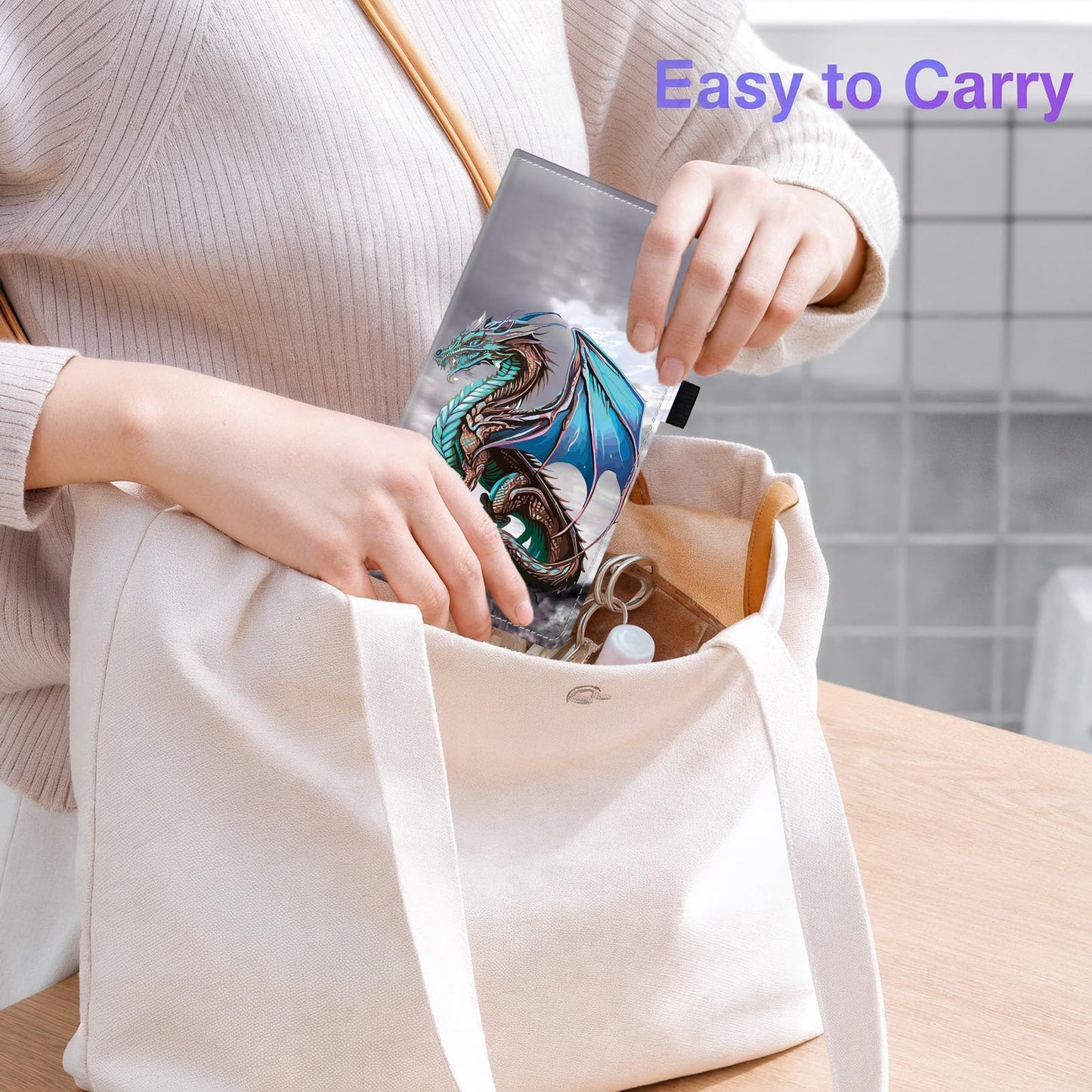 AIRWEE RFID Blocking Checkbook Cover for Women & Men, Premium PU Leather Print Wallet for Duplicate Checks, Slim Organizer with Pen Holder, Credit Card Slots & Register Compartment, Ice Dragon