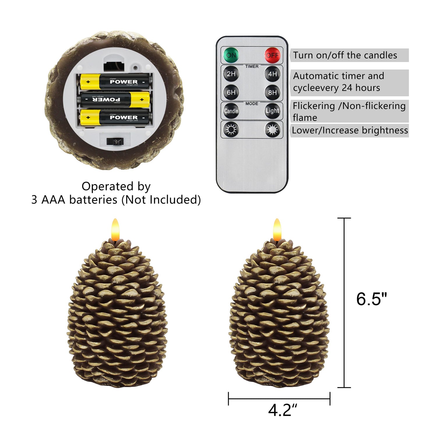 CVHOMEDECO. Pine Cone Candles Battery Operated Pinecones with Remote and Timer, Pine Cones Candle LED Flameless Flickering Candles for Fall, Christmas Decor. Golden-Brown, H 6.5 Inch, Pack of 2