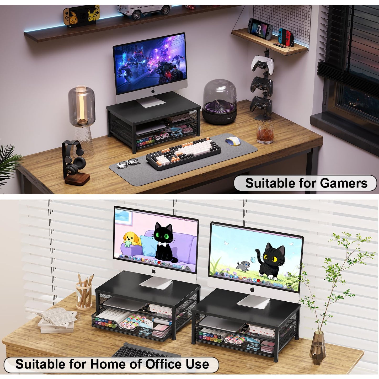 OPNICE Computer Monitor Stand Riser, Desk Organizer with Drawer, Printer & Laptop Stand, Office Desk Accessories & Workspace Desktop Organizers Storage for Office Supplies(Black)