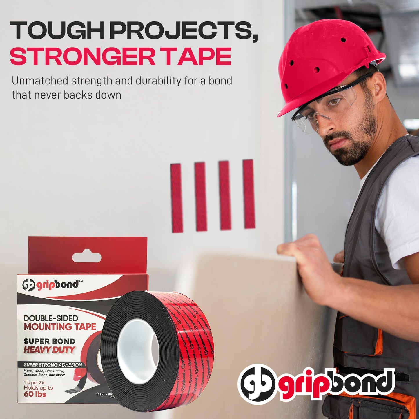 GripBond Black Super Bond Heavy Duty Double Sided Tape, 1 Roll (10 Ft), 1.2” x 120” – Waterproof Adhesive Mounting Tape for Indoor/Outdoor, Walls, Automotive, Car, LED Strip Lights, Home, Office