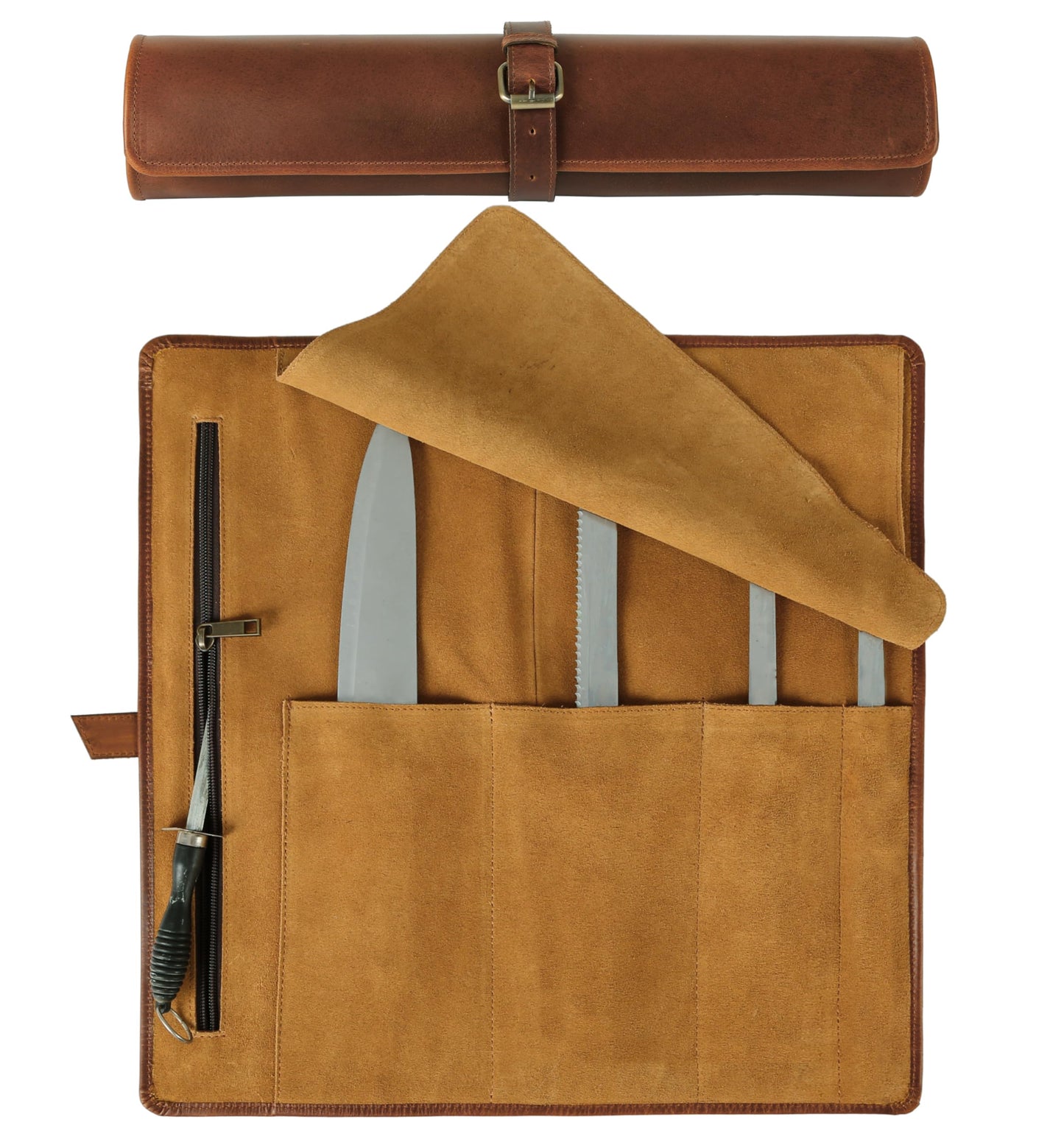 KomalC Premium Buffalo Leather Chef Knife Roll – 17.5″ × 17.5″ Knife Storage Bag with 4 Slots, Suede Lining, Brass Buckle & Zipper Pouch – Portable Travel Case for Chefs & Culinary Students