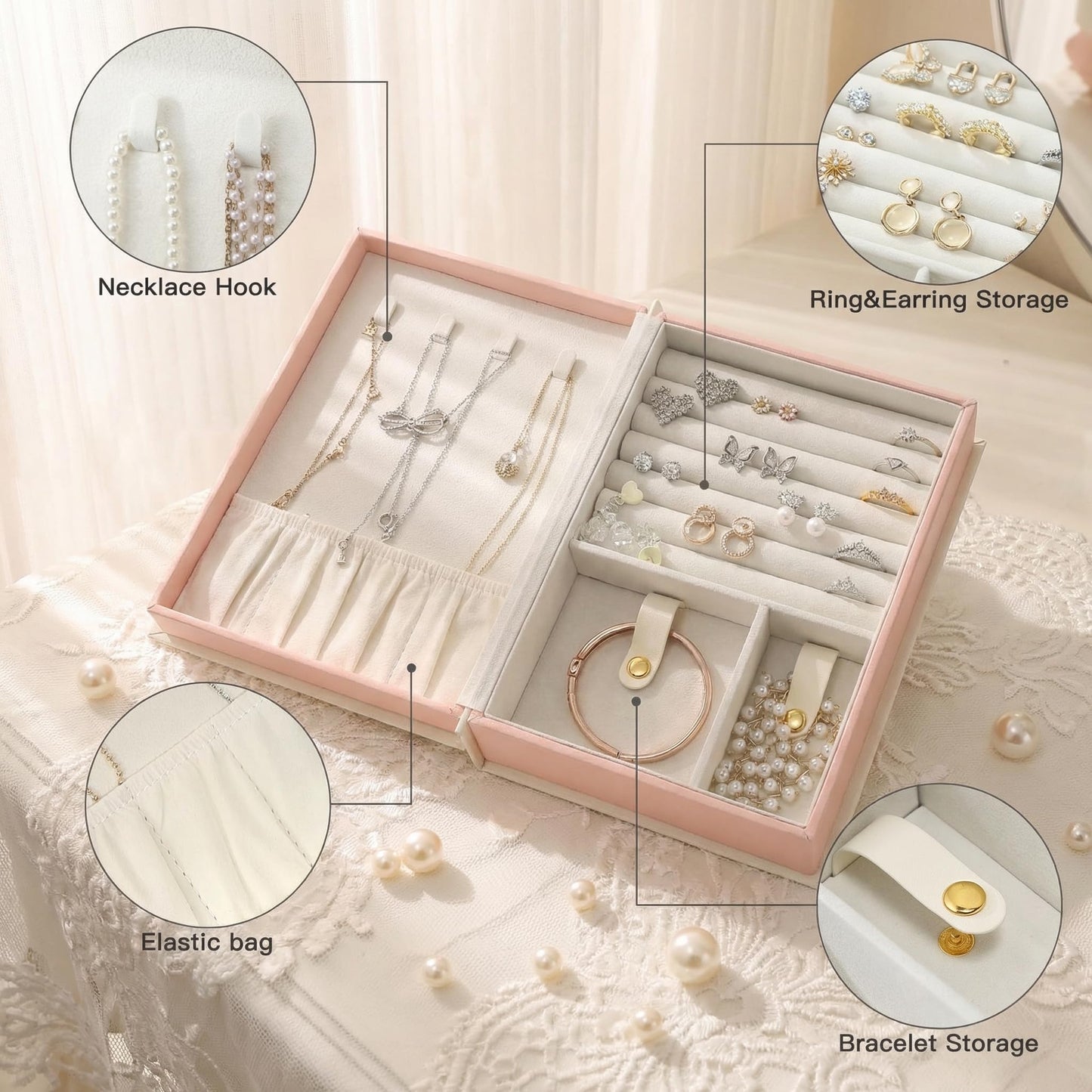 CASEGRACE Jewelry Box Organizer PU Leather Diary Jewelry Box with Magic Book Design Jewelry Case for Earrings Bracelet Necklace Rings Storage for Women, White