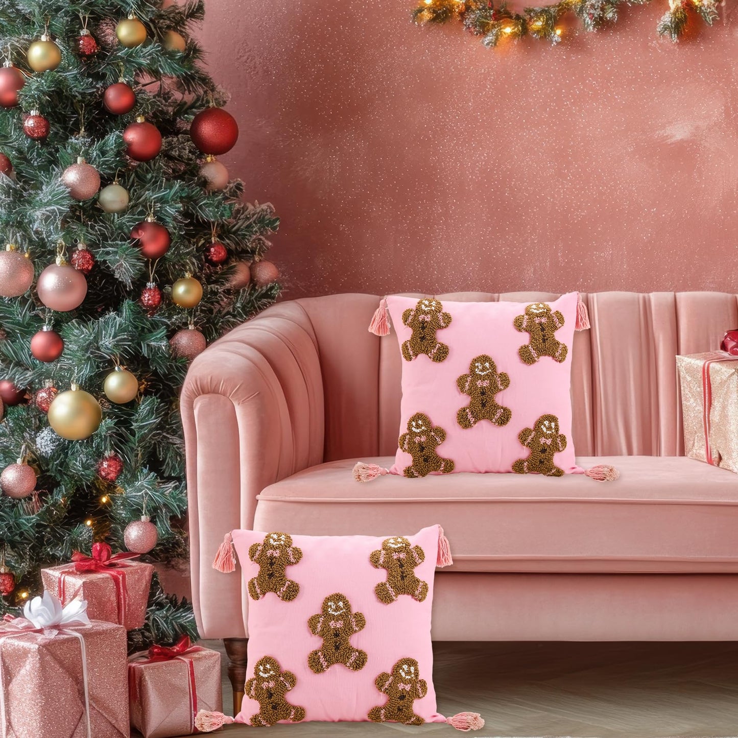 JarThenaAMCS 2Pcs 3D Pink Christmas Pillow Covers Gingerbread Man Throw Pillow Case 18 x 18 Inch Plush Faux Fur Soft Holiday Cushion Cover for Home Office Couch Sofa