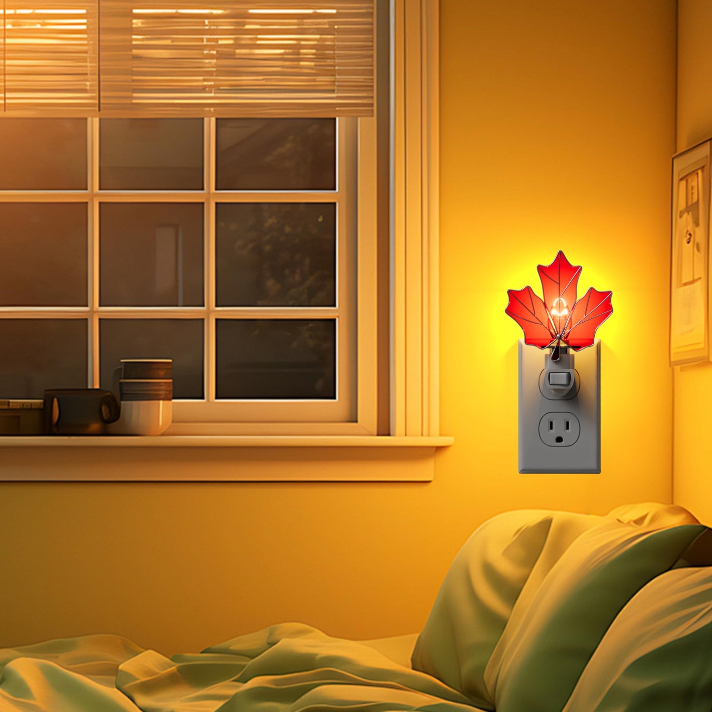 KUNDGLA Stained Glass Night Lights Plug into Wall Brown Maple Leaf Plug in Night Light 7W Warm White Lamp Decorative Accent Nightlight with On Off Switch for Adult Kids Room Home Gifts for Grandkids