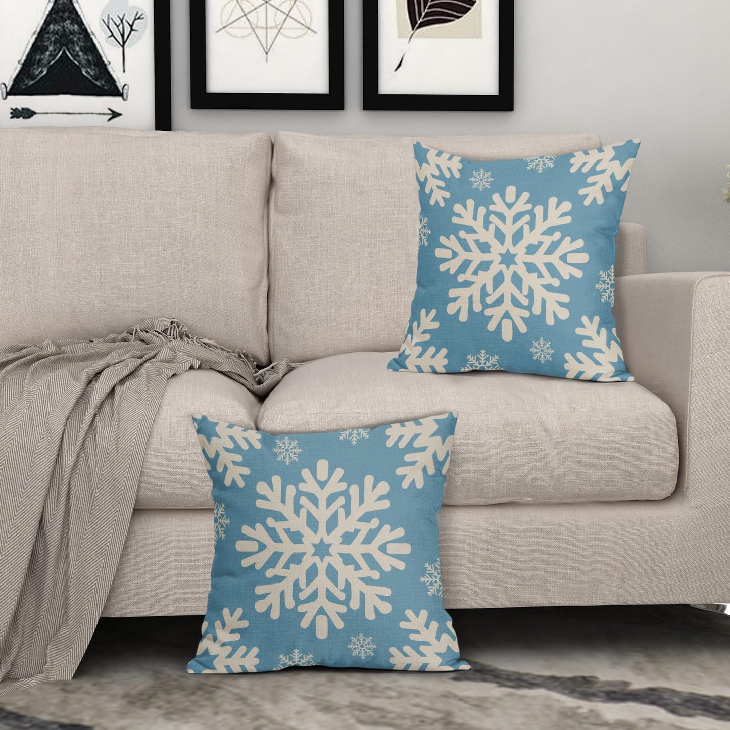 Sivirary Light Blue Christmas Pillow Covers 18x18 Inch Set of 2, Xmas Snowflakes Rustic Winter Themed Decorative Throw Pillow Cases Outdoor Linen Cushion Covers Farmhouse Sofa Couch Bed Decor